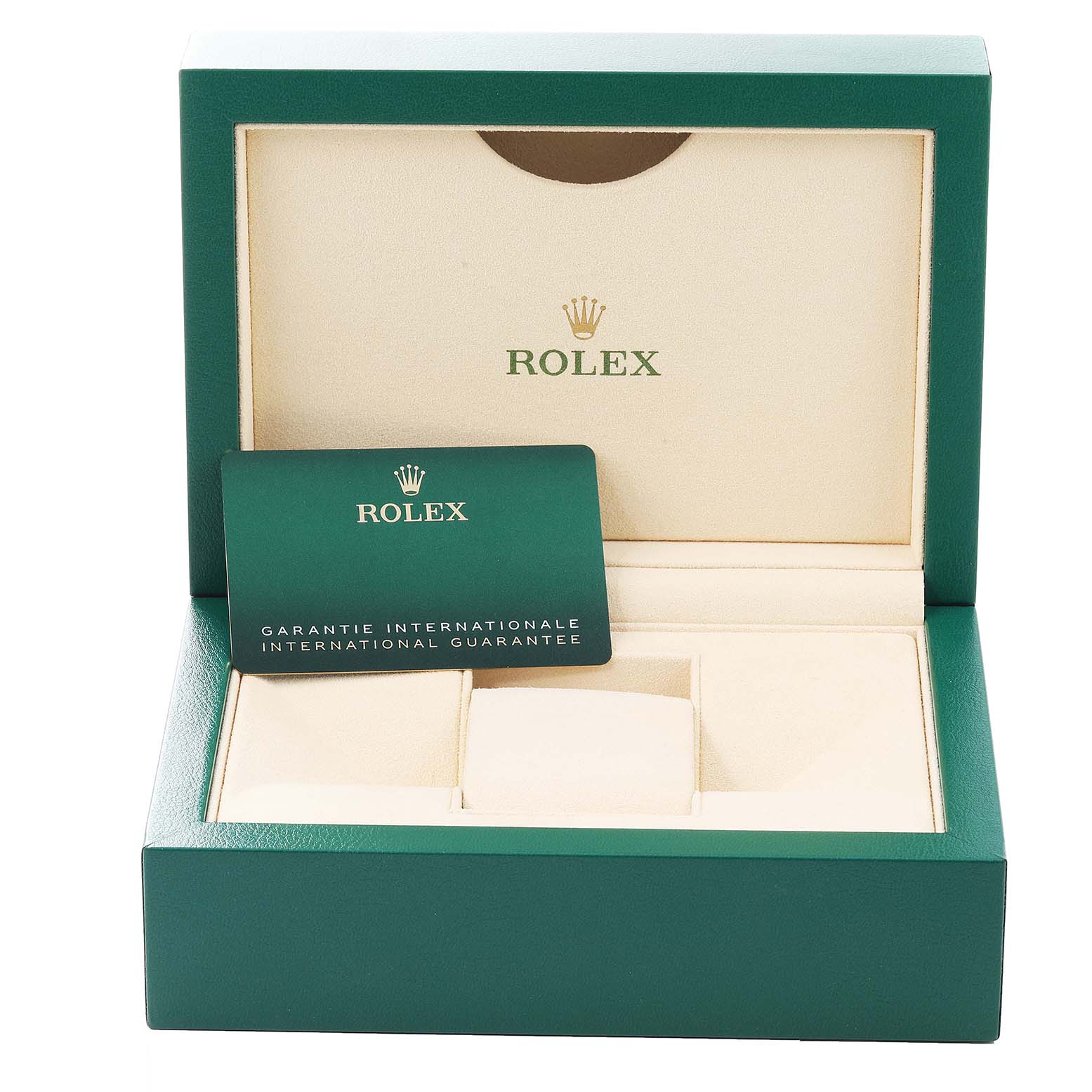 This image shows an open Rolex box for the Datejust 41 model along with an international guarantee card.