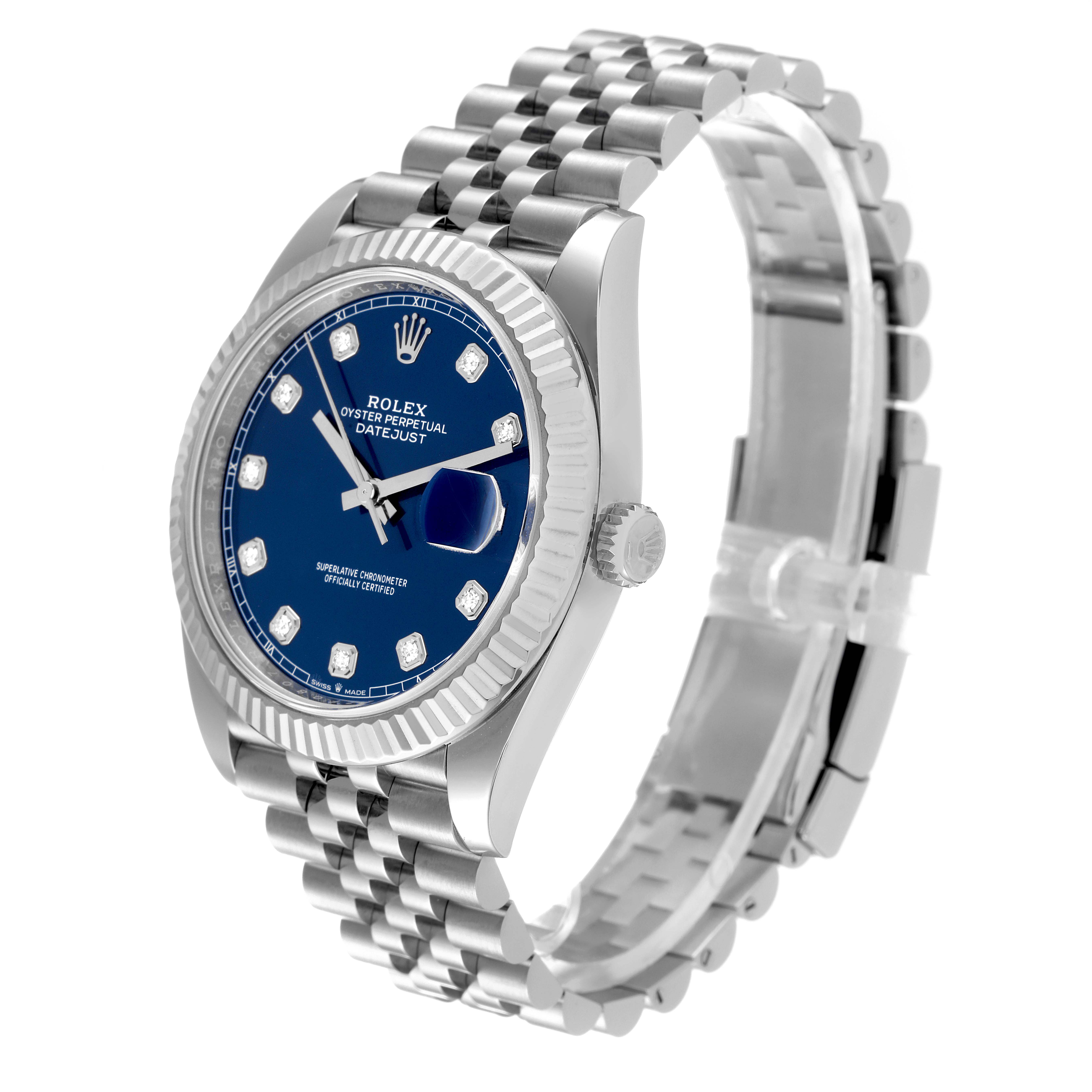 The Rolex Datejust 41 126334 Men's Stainless Steel Blue Dial 126334 Men's Stainless Steel Blue Dial watch is shown at a three-quarter angle, highlighting its blue dial, fluted bezel, and Jubilee bracelet.