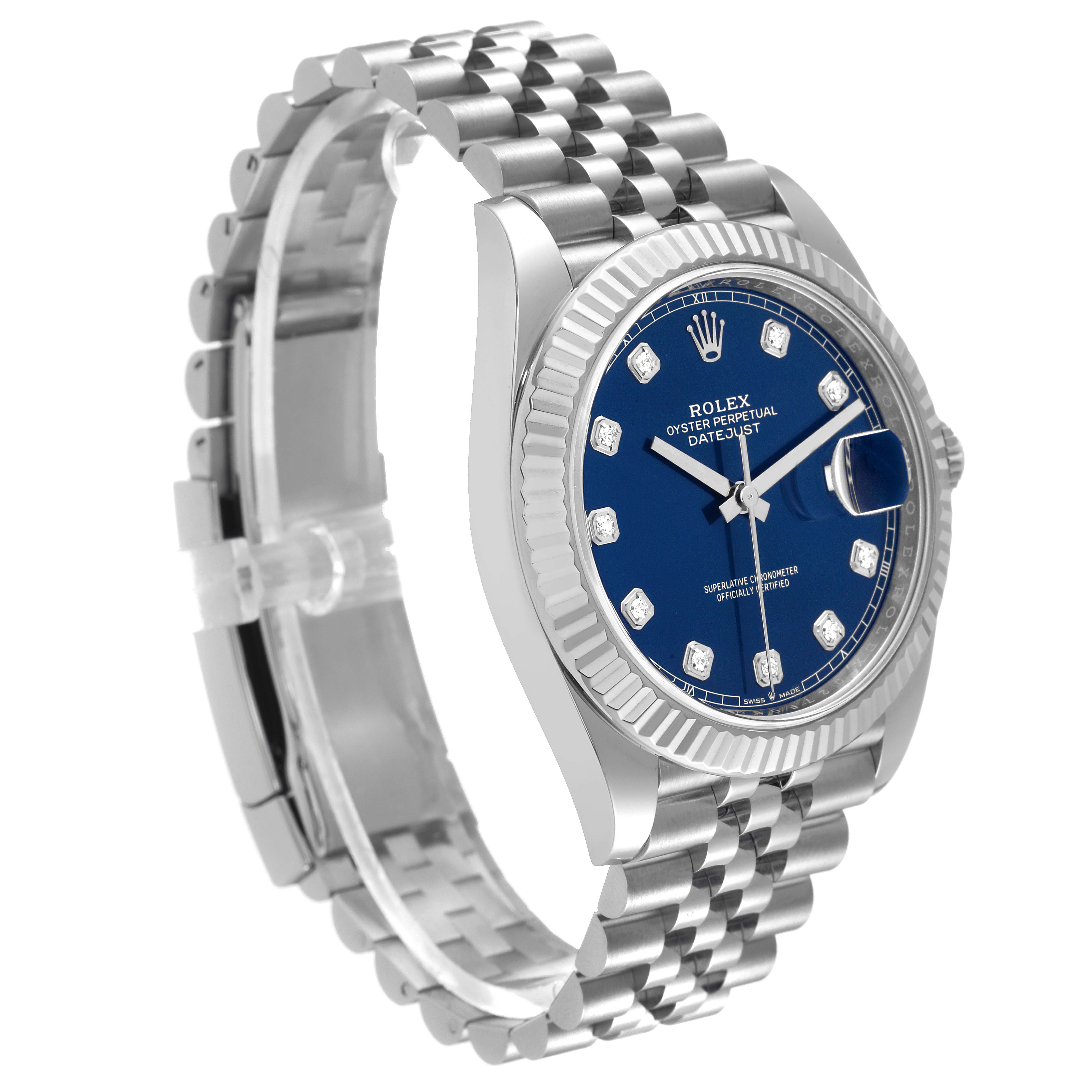 This image shows a side-angle view of the Rolex Datejust 41 126334 Men's Stainless Steel Blue Dial 126334 Men's Stainless Steel Blue Dial watch, highlighting the bracelet, bezel, and dial.