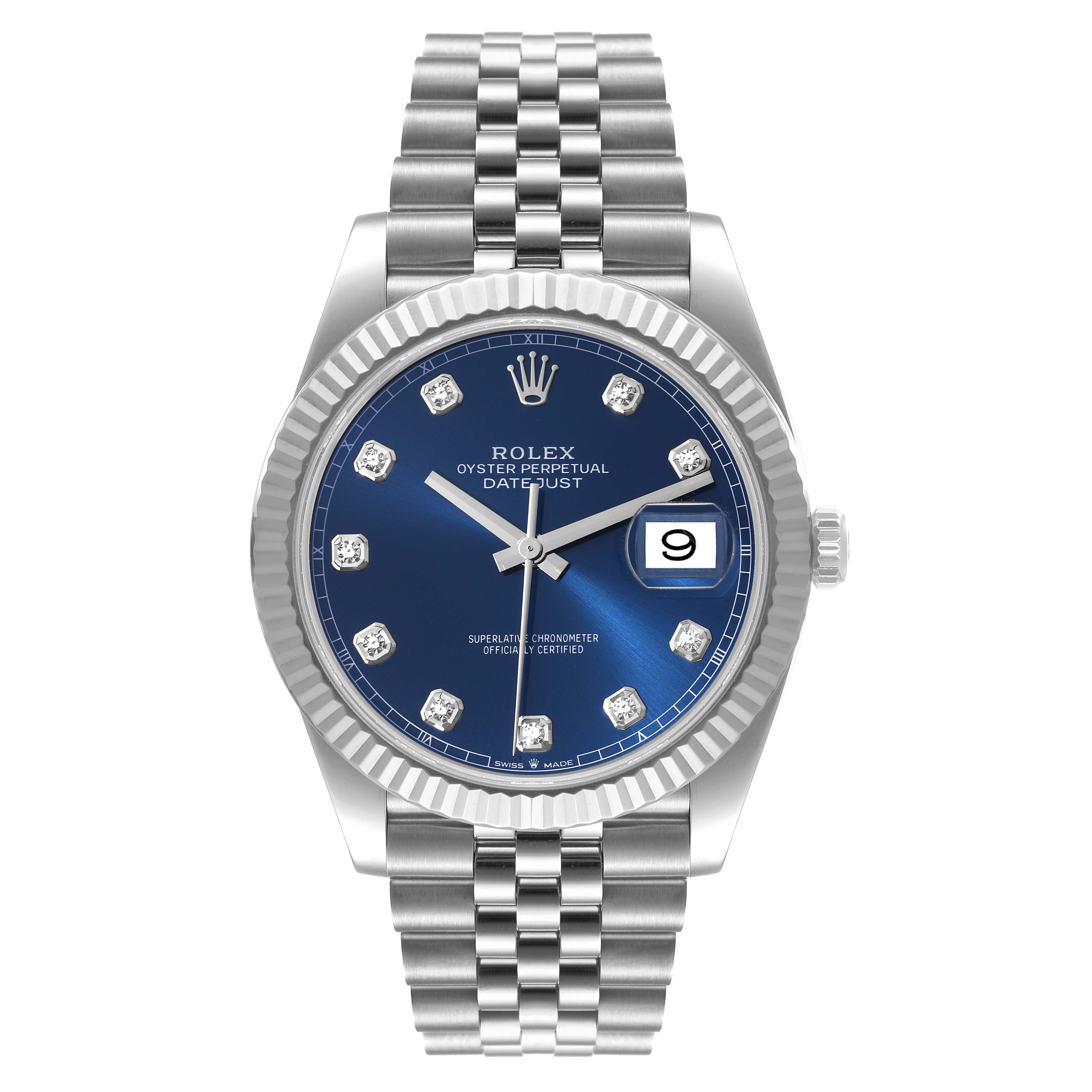 The image shows a front view of the Rolex Datejust 41 126334 Men's Stainless Steel Blue Dial 126334 Men's Stainless Steel Blue Dial watch, featuring a blue dial with diamond hour markers, a bezel, and a Jubilee bracelet.