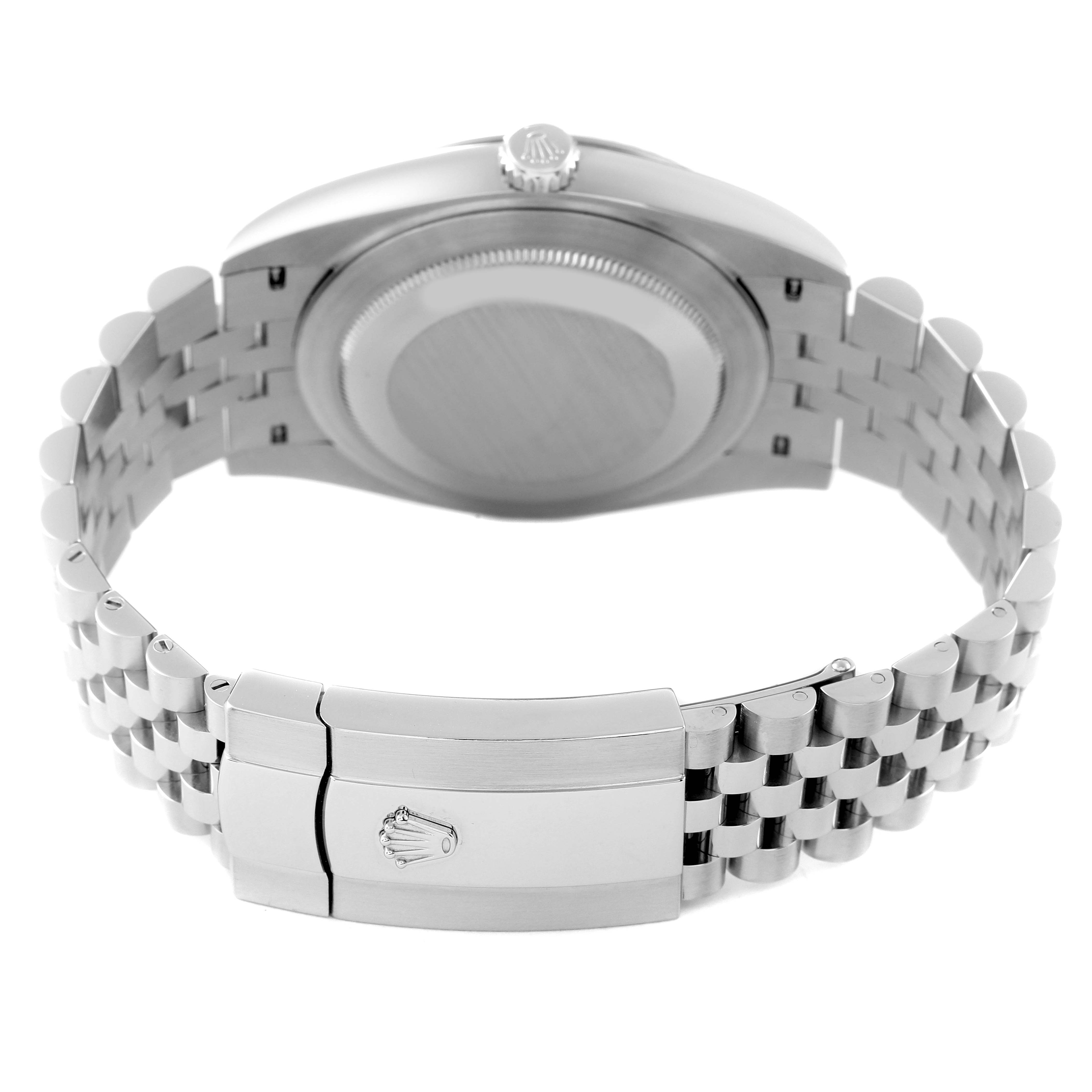 This image shows the back view of a Rolex Datejust 41 126334 Men's Stainless Steel Blue Dial 126334 Men's Stainless Steel Blue Dial watch, focusing on the case back and the clasp of the Jubilee bracelet.