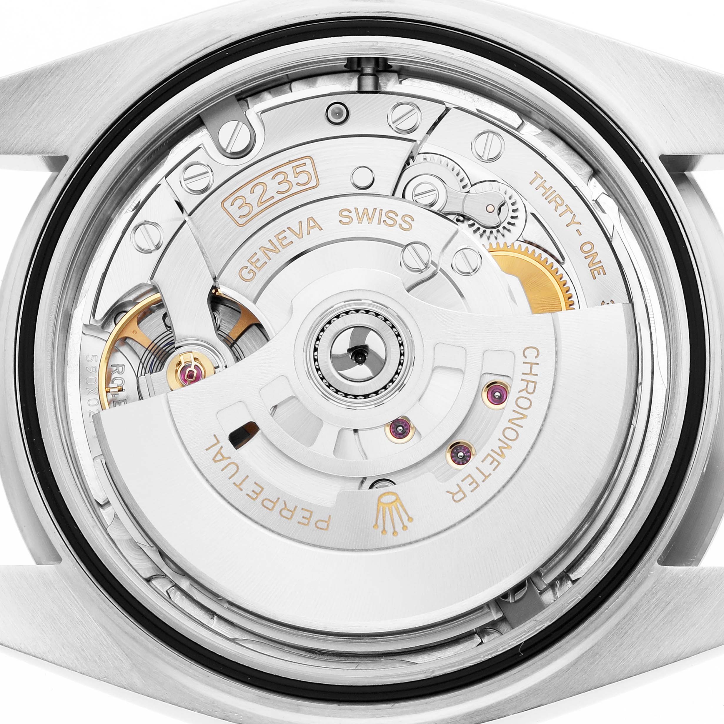 The image shows the back of a Rolex Datejust 41 126334 Men
s Stainless Steel Silver Dial watch, highlighting its intricate movement and rotor mechanism.