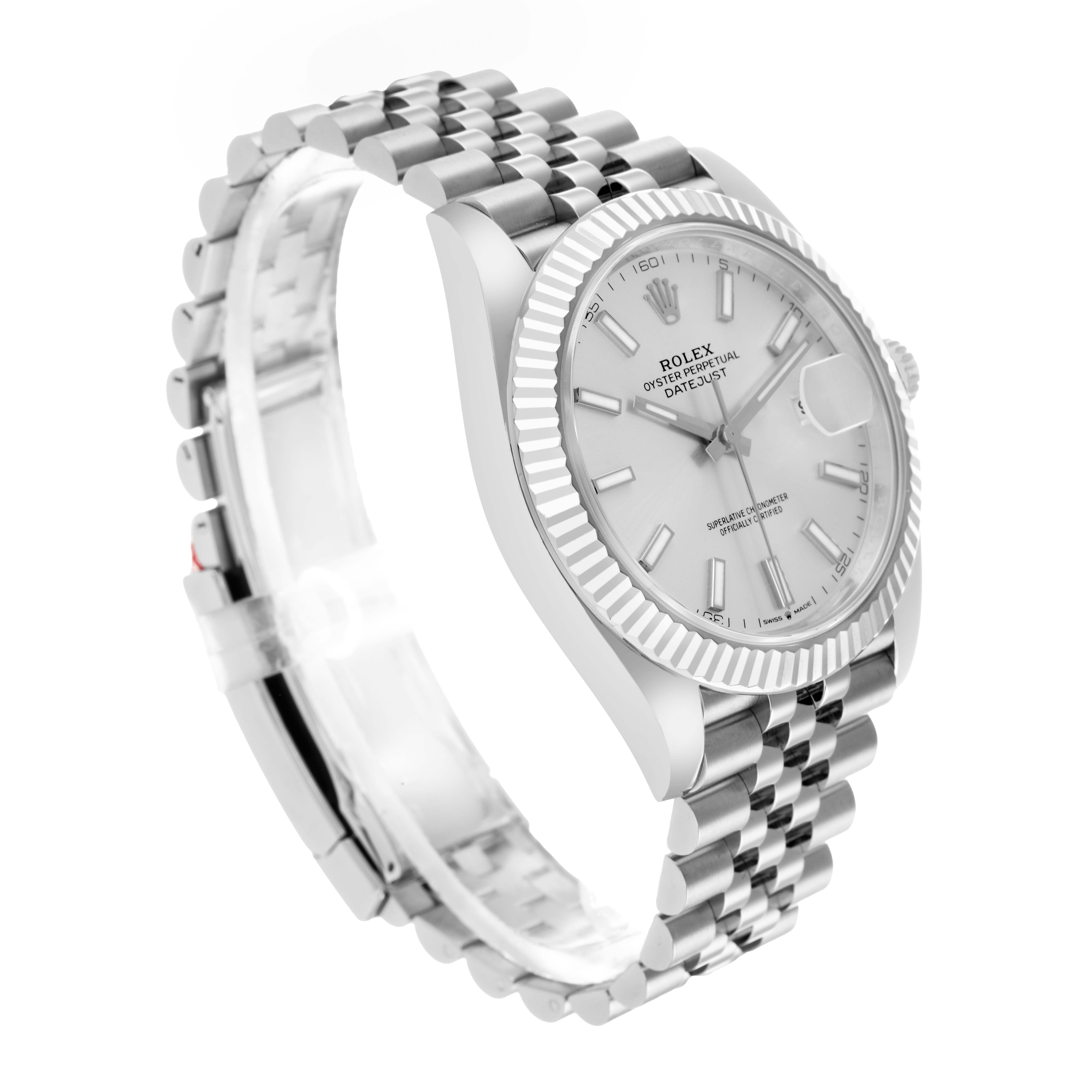 The Rolex Datejust 41 126334 Men
s Stainless Steel Silver Dial is shown from a front-side angle, highlighting the dial, fluted bezel, and Jubilee bracelet.