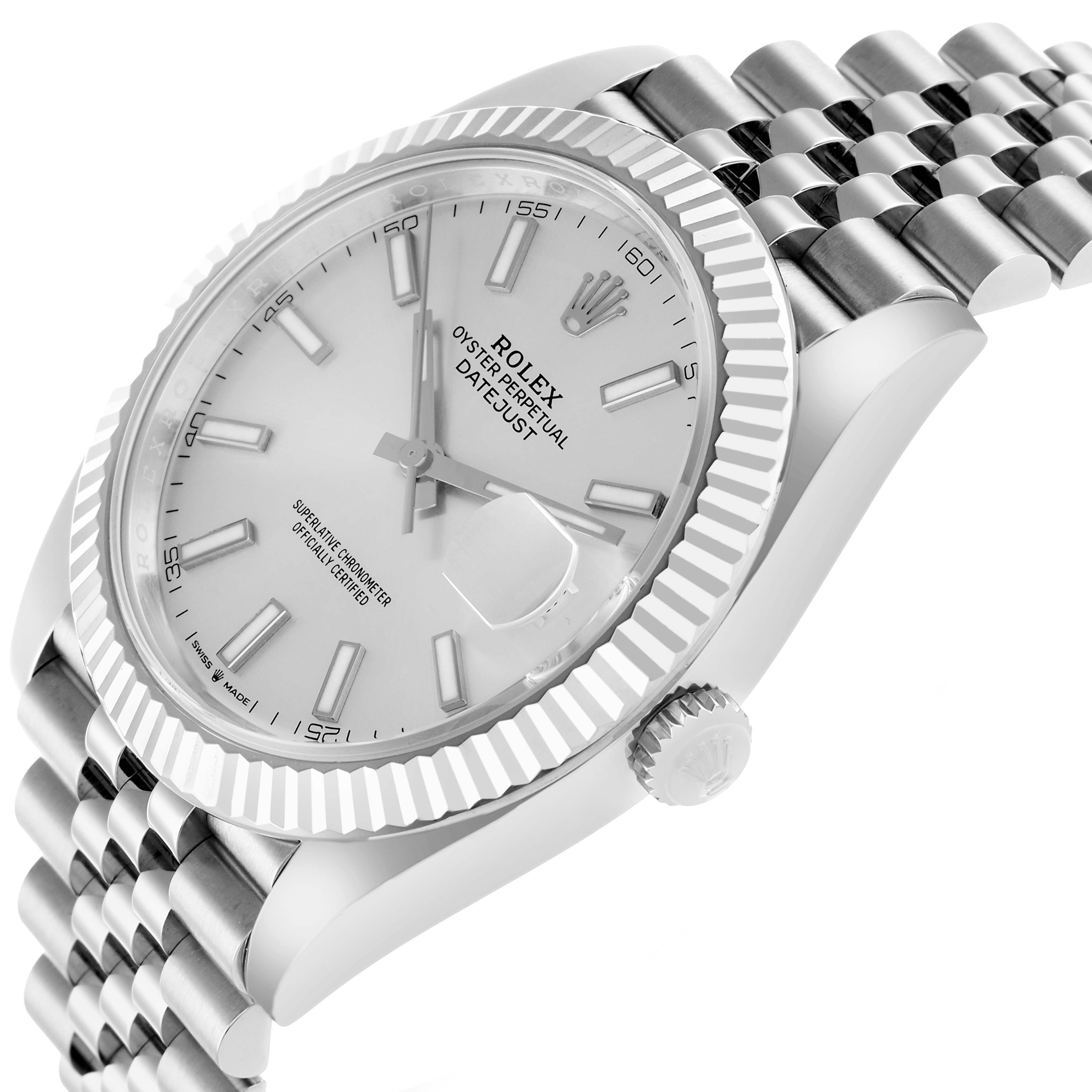 The image shows a Rolex Datejust 41 126334 Men
s Stainless Steel Silver Dial at an angled side view, displaying the dial, fluted bezel, crown, and part of the bracelet.