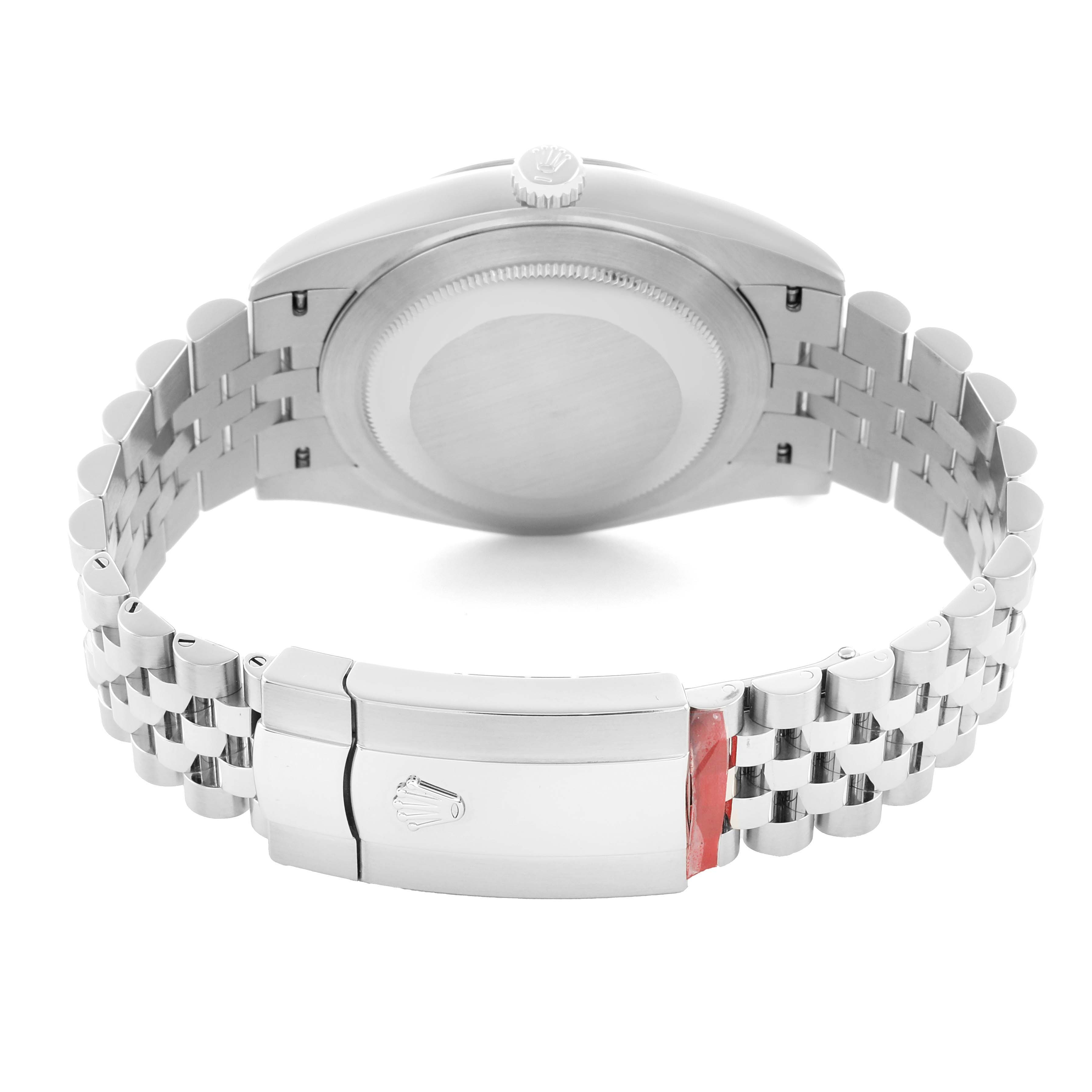 The image shows the back of the Rolex Datejust 41 126334 Men
s Stainless Steel Silver Dial, highlighting the case, clasp, and Jubilee bracelet.