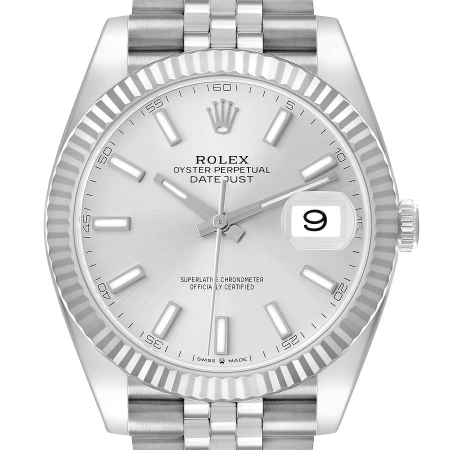 The Rolex Datejust 41 126334 Men's Stainless Steel Silver Dial watch is shown from a front angle, highlighting the dial, bezel, and part of the bracelet.