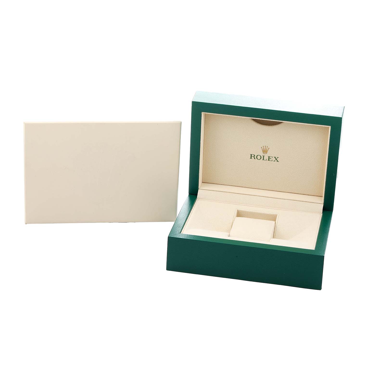 The image shows a Rolex Datejust 41 126334 Men
s Stainless Steel Silver Dial watch box, open at an angle, displaying the interior and logo.