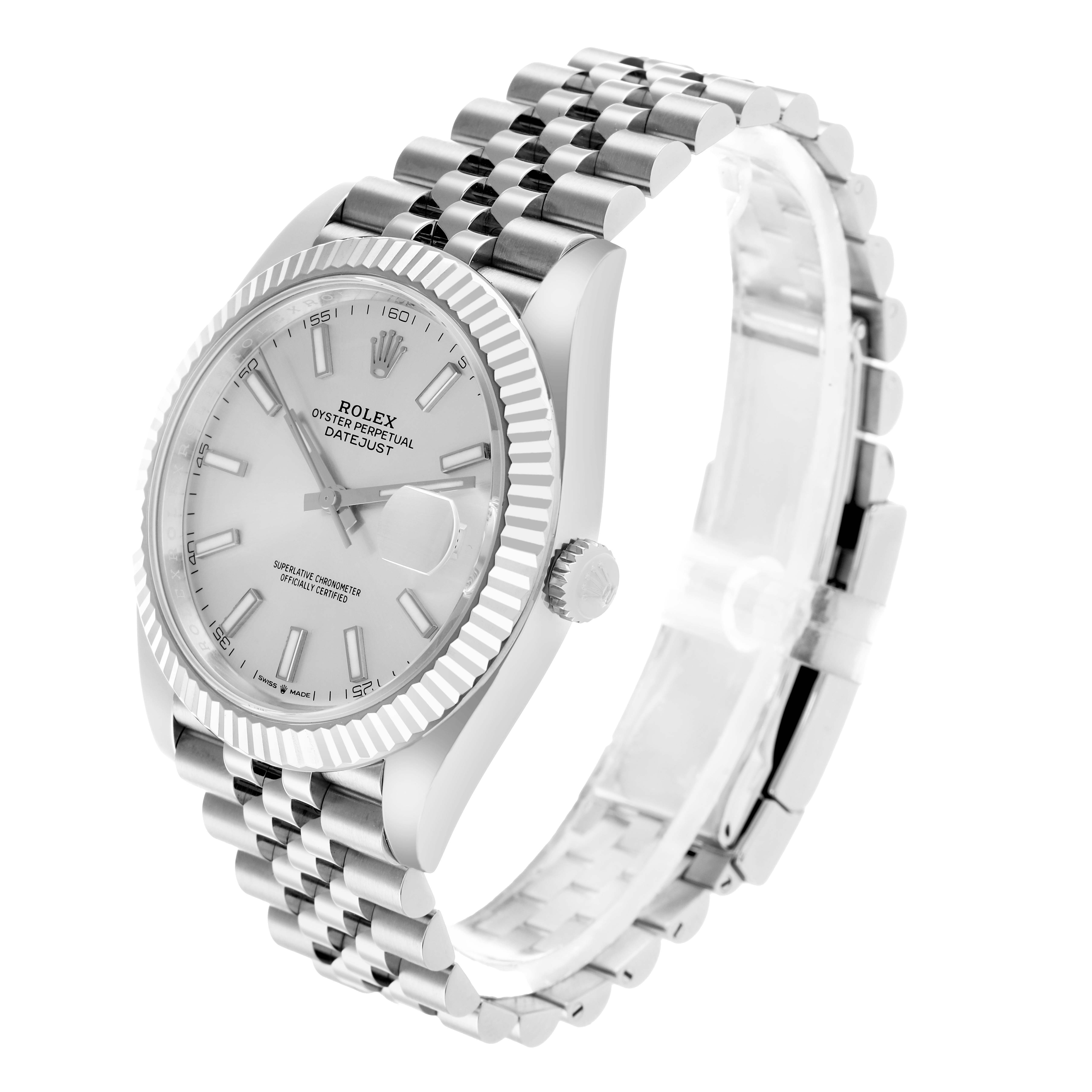 The Rolex Datejust 41 126334 Men
s Stainless Steel Silver Dial is shown at a three-quarter angle, displaying the dial, fluted bezel, and Jubilee bracelet.