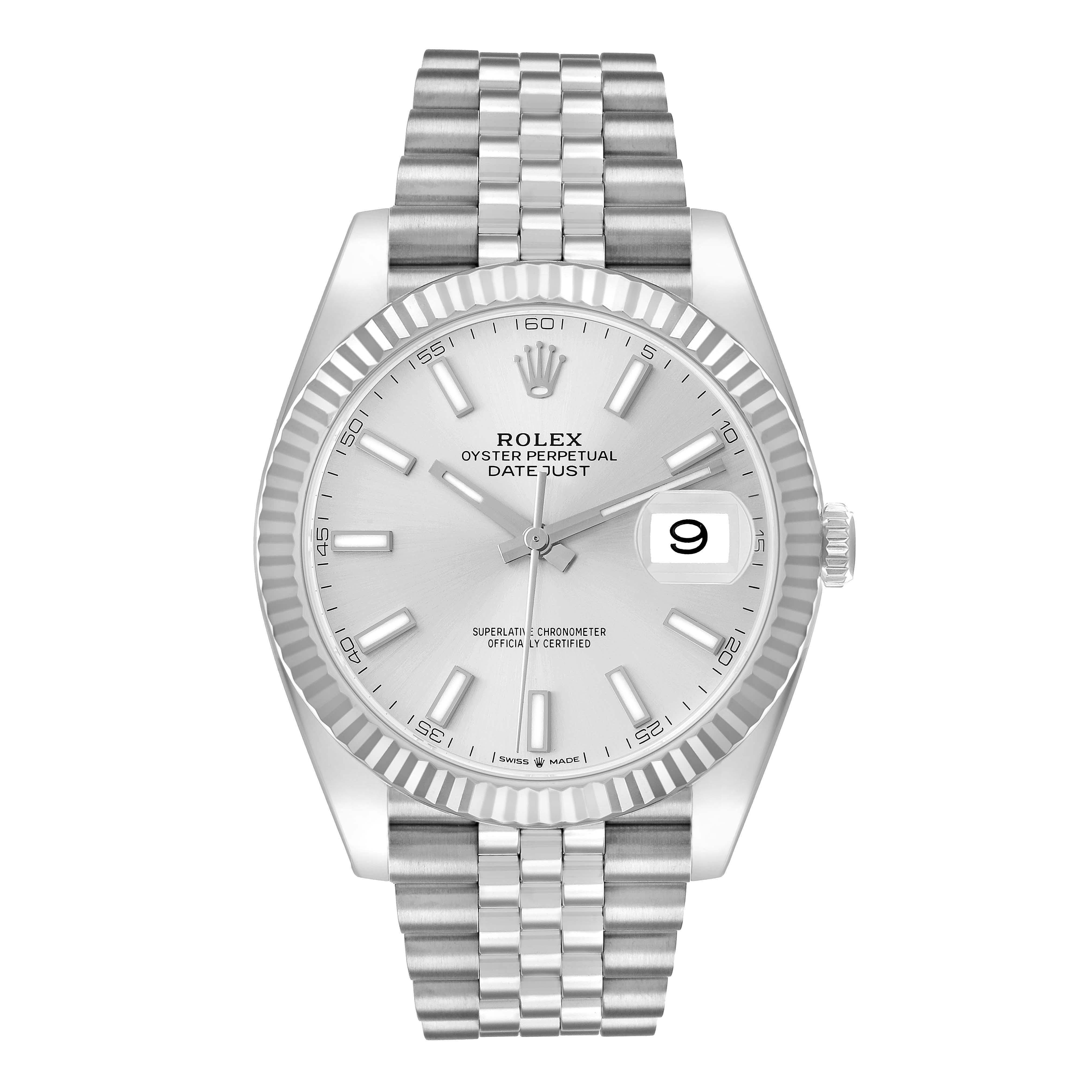 The Rolex Datejust 41 126334 Men
s Stainless Steel Silver Dial watch is shown from the front, displaying the dial, fluted bezel, and Jubilee bracelet.