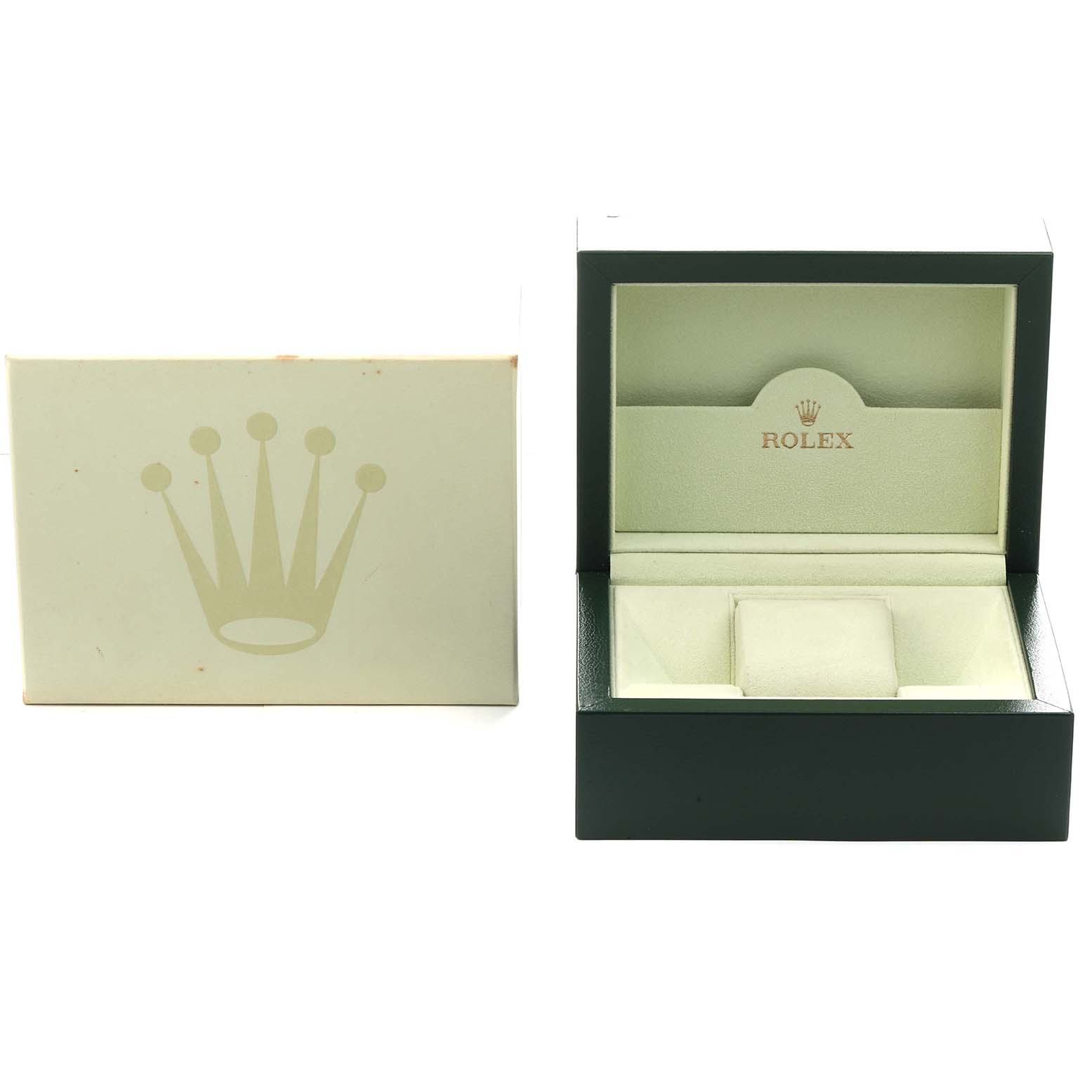 The image shows the Rolex Datejust 41 116334 Men
s Stainless Steel Black Dial packaging, including the outer box and the open inner watch box.