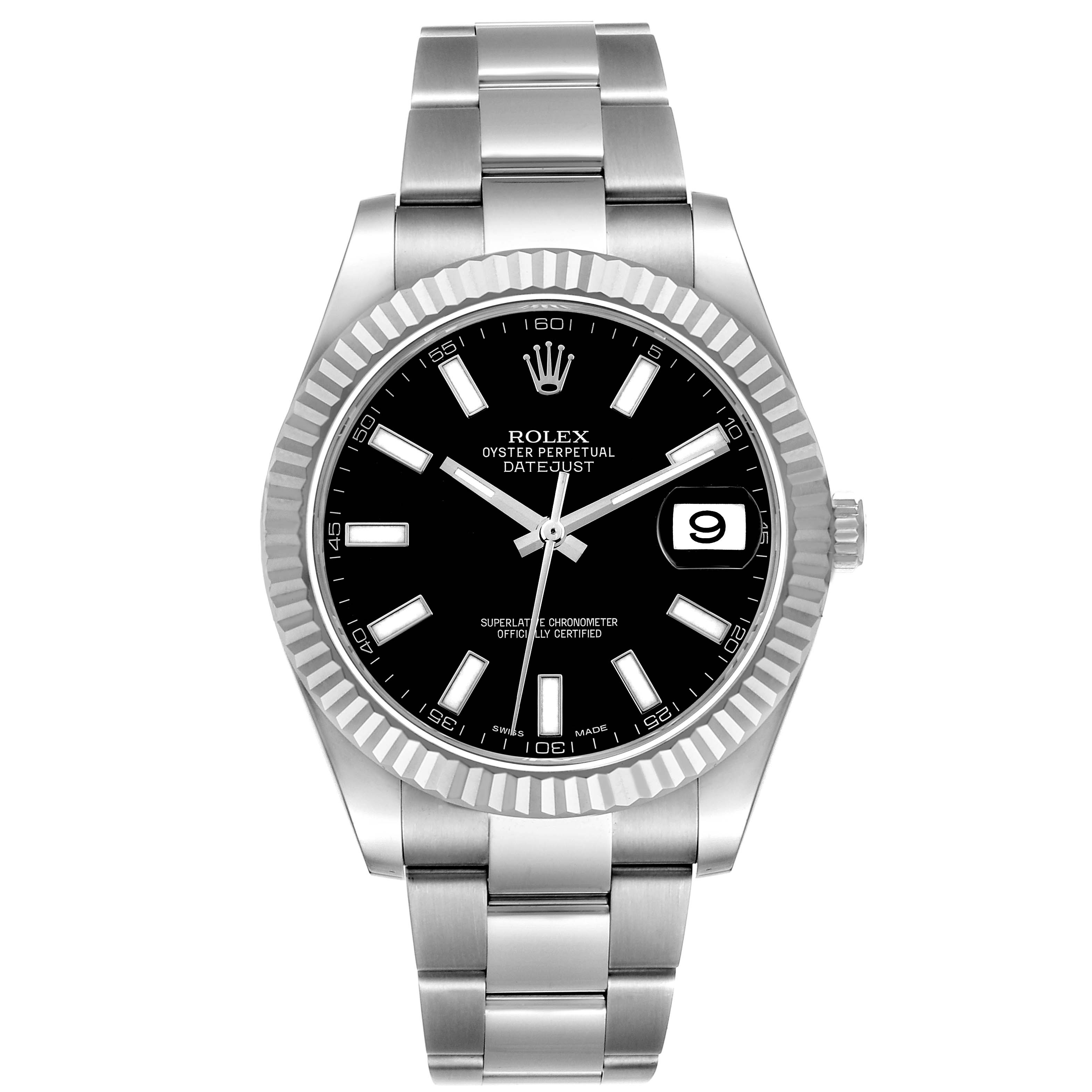 The Rolex Datejust 41 116334 Men
s Stainless Steel Black Dial watch is shown in a front-facing angle, displaying the dial, bezel, bracelet, and date window.