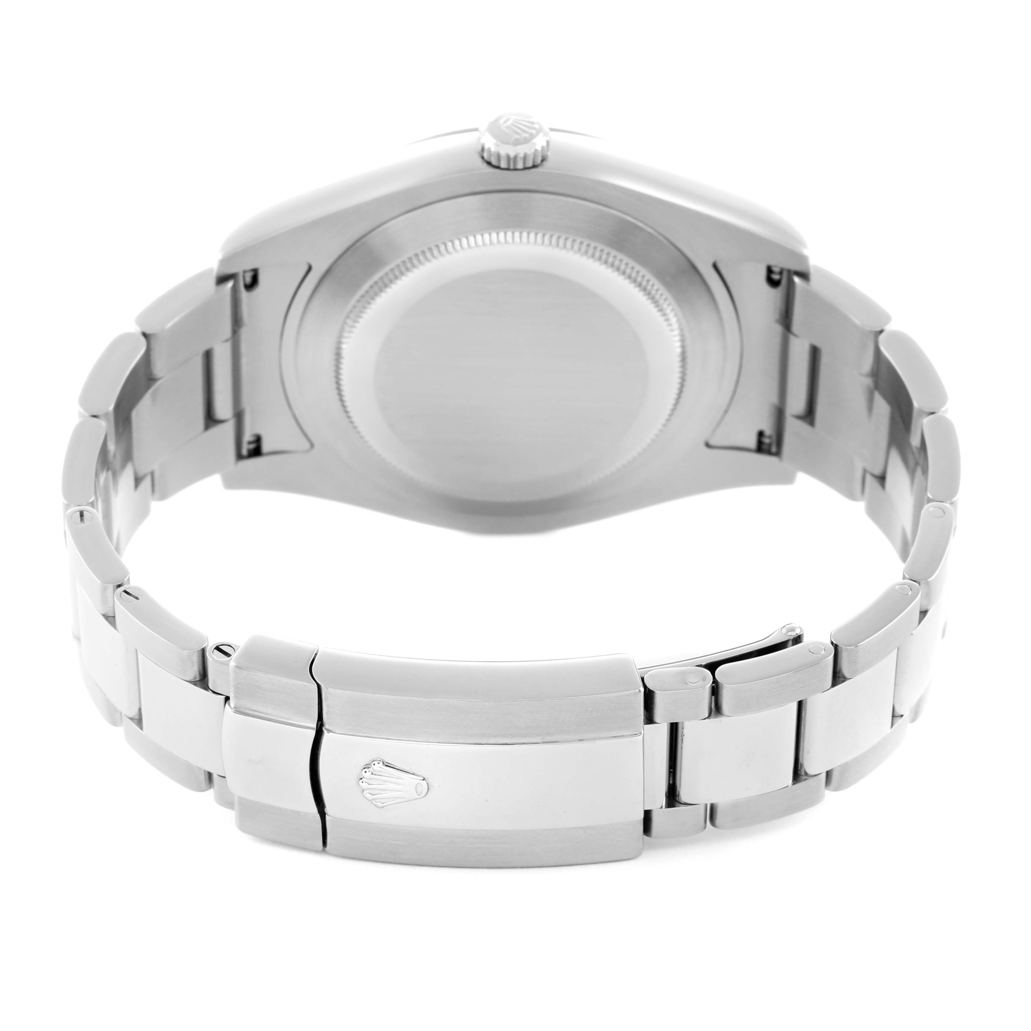 The image shows the back of a Rolex Datejust 41 116334 Men
s Stainless Steel Black Dial watch, highlighting the case back and the bracelet with its clasp.