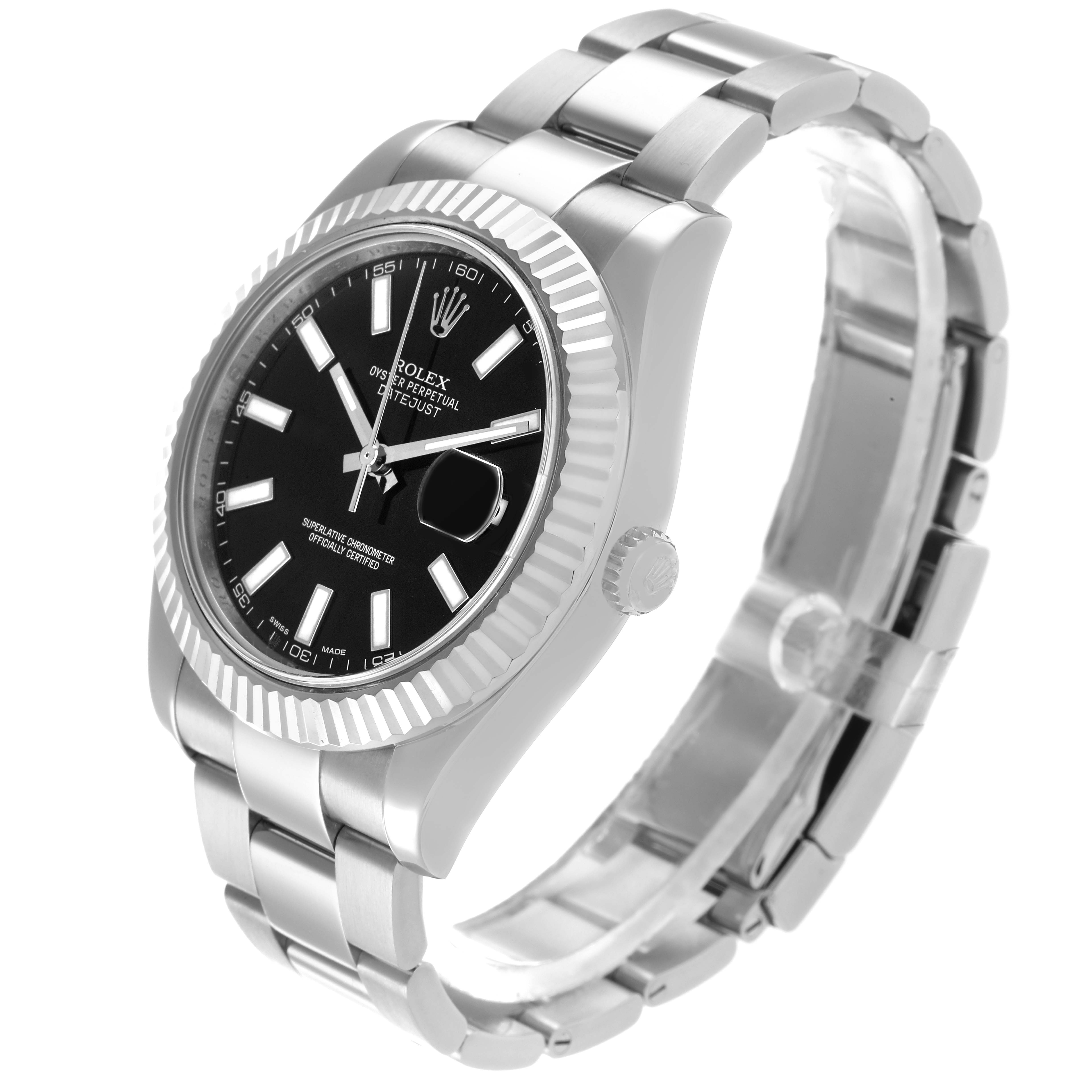 The Rolex Datejust 41 116334 Men
s Stainless Steel Black Dial is shown at a three-quarter angle, highlighting the case, fluted bezel, bracelet, and dial.