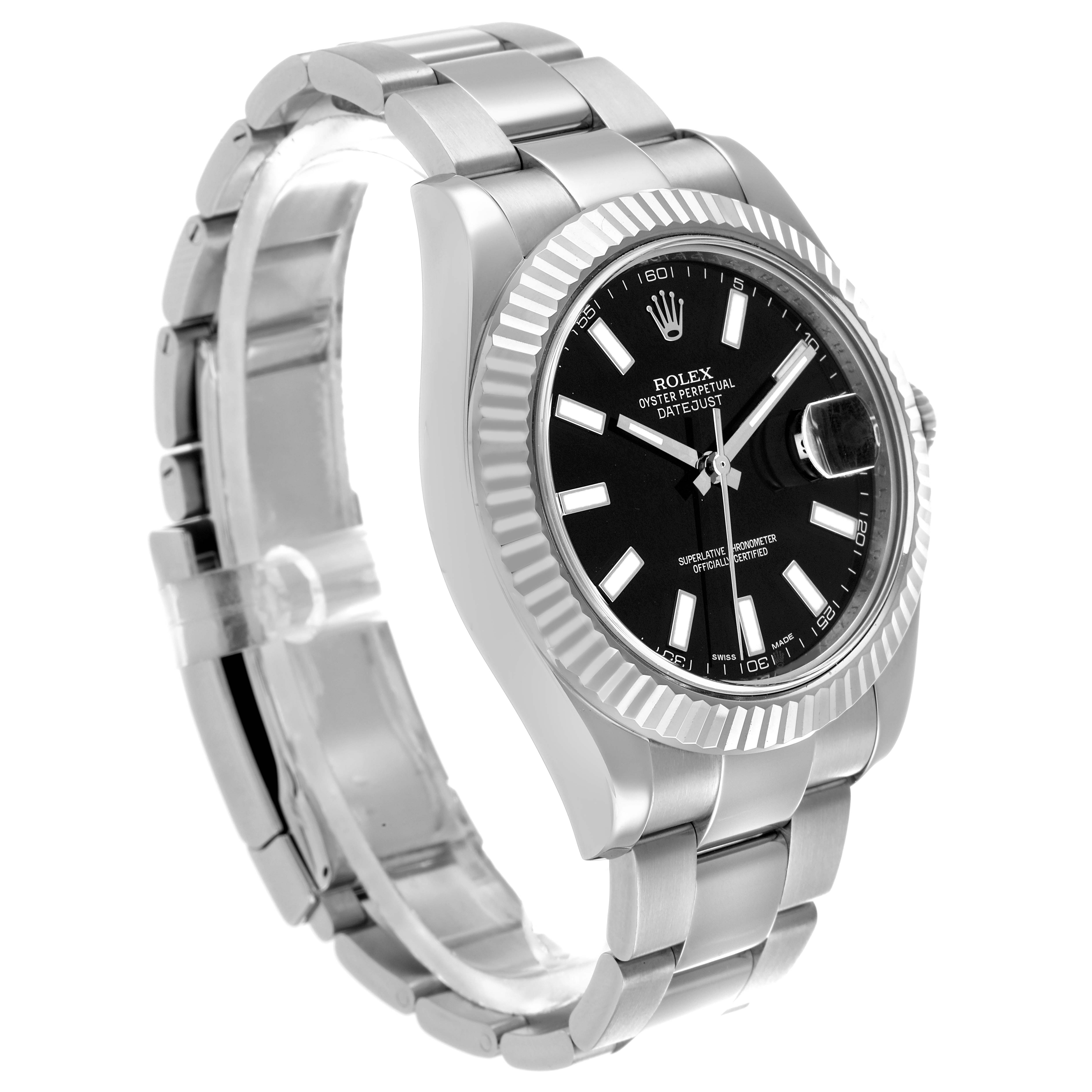 The Rolex Datejust 41 116334 Men
s Stainless Steel Black Dial is shown at a slight angle, highlighting the bracelet, fluted bezel, and black dial with markers.