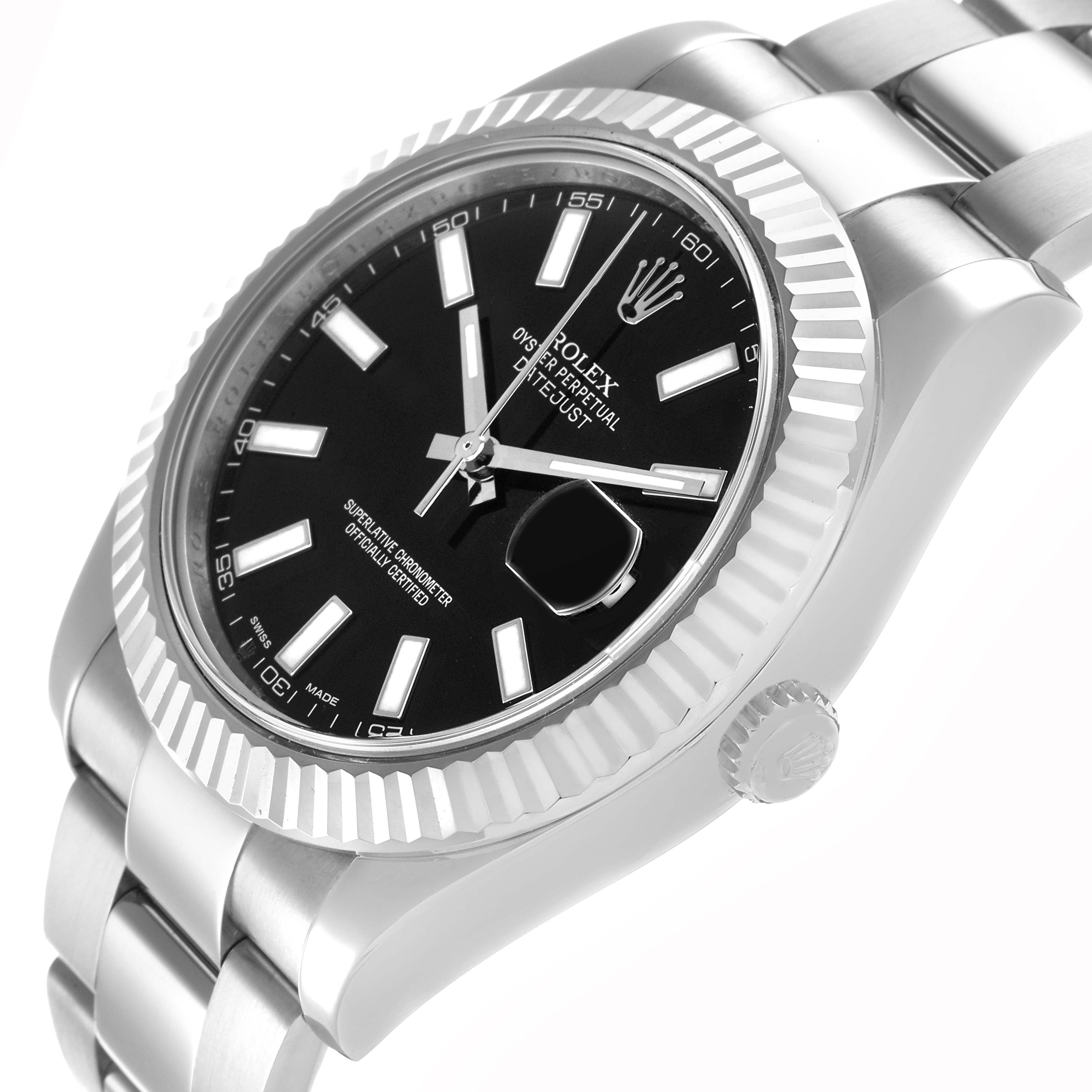 The Rolex Datejust 41 116334 Men
s Stainless Steel Black Dial is shown at an angle highlighting its bezel, dial, crown, and part of the bracelet.