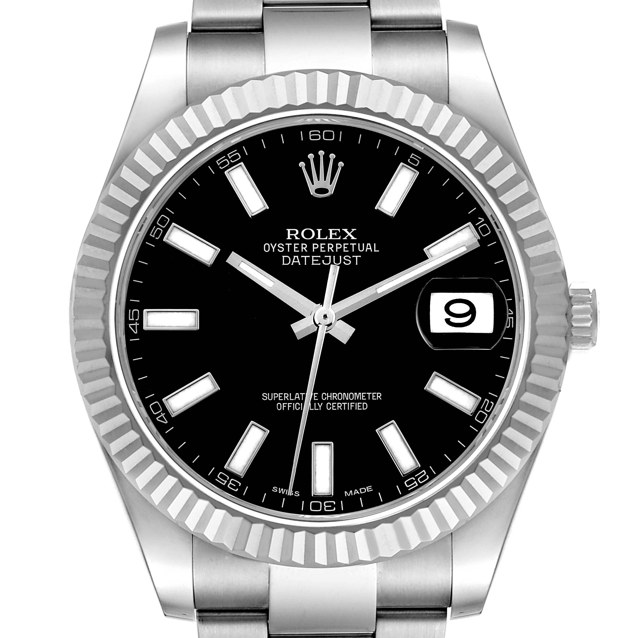 The image shows a Rolex Datejust 41 116334 Men
s Stainless Steel Black Dial watch from a front angle, highlighting the dial, bezel, crown, and part of the bracelet.