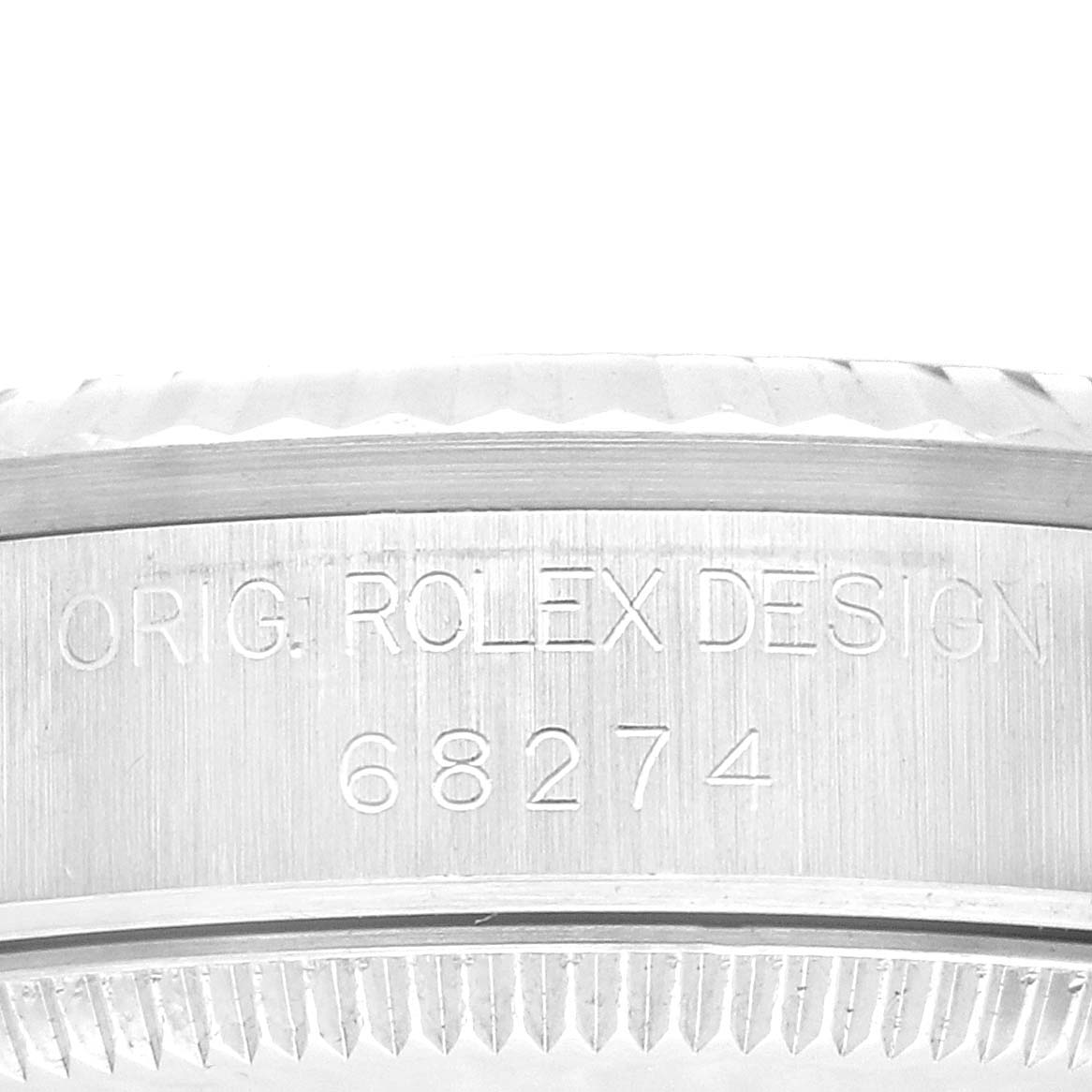 The image shows the side of a Rolex Mid-Size 68274 Women's Stainless Steel Blue Dial model watch case with engraved model number 68274 and "Orig. Rolex Design."