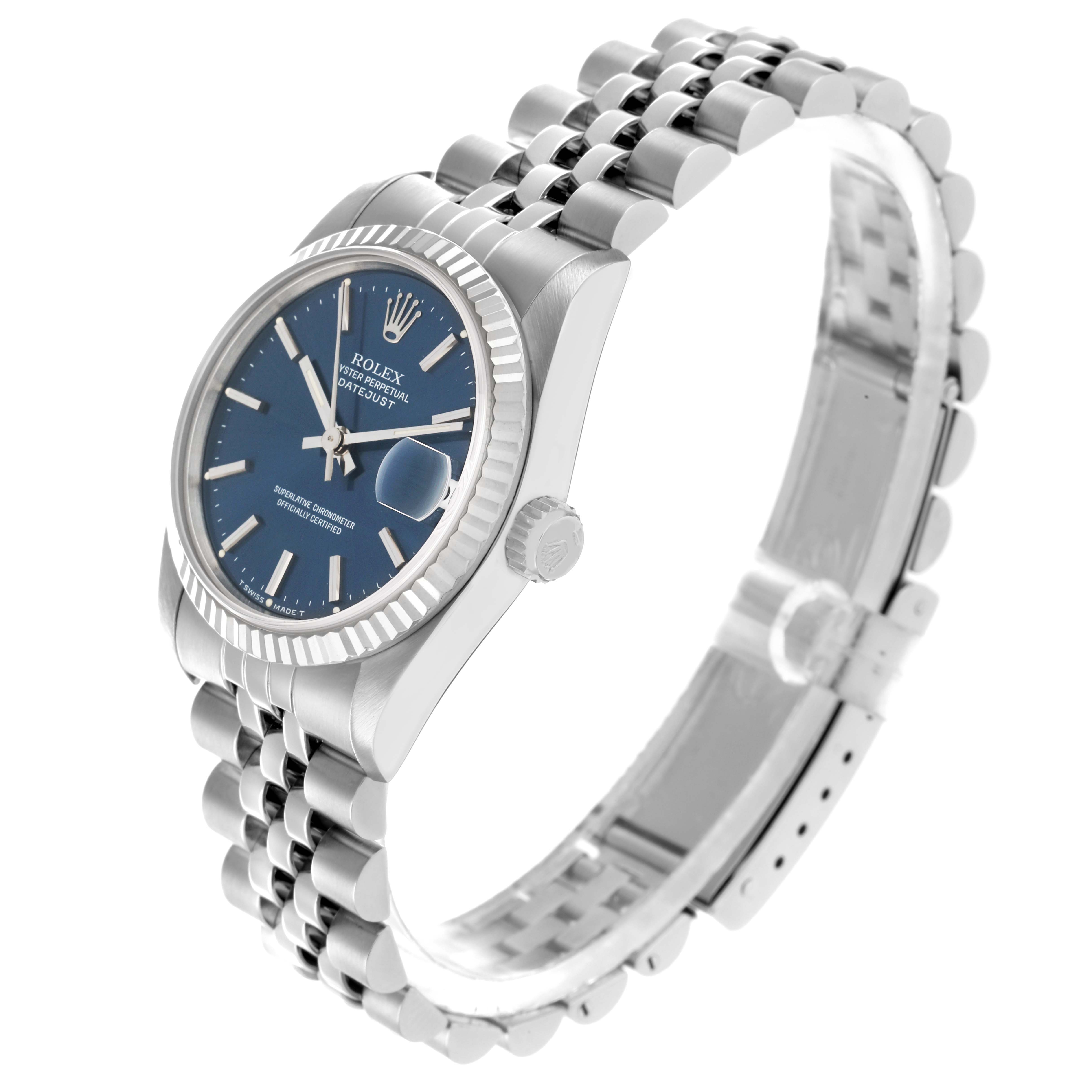 The Rolex Mid-Size 68274 Women's Stainless Steel Blue Dial watch is shown at a three-quarter angle, displaying the dial, bezel, crown, and bracelet.