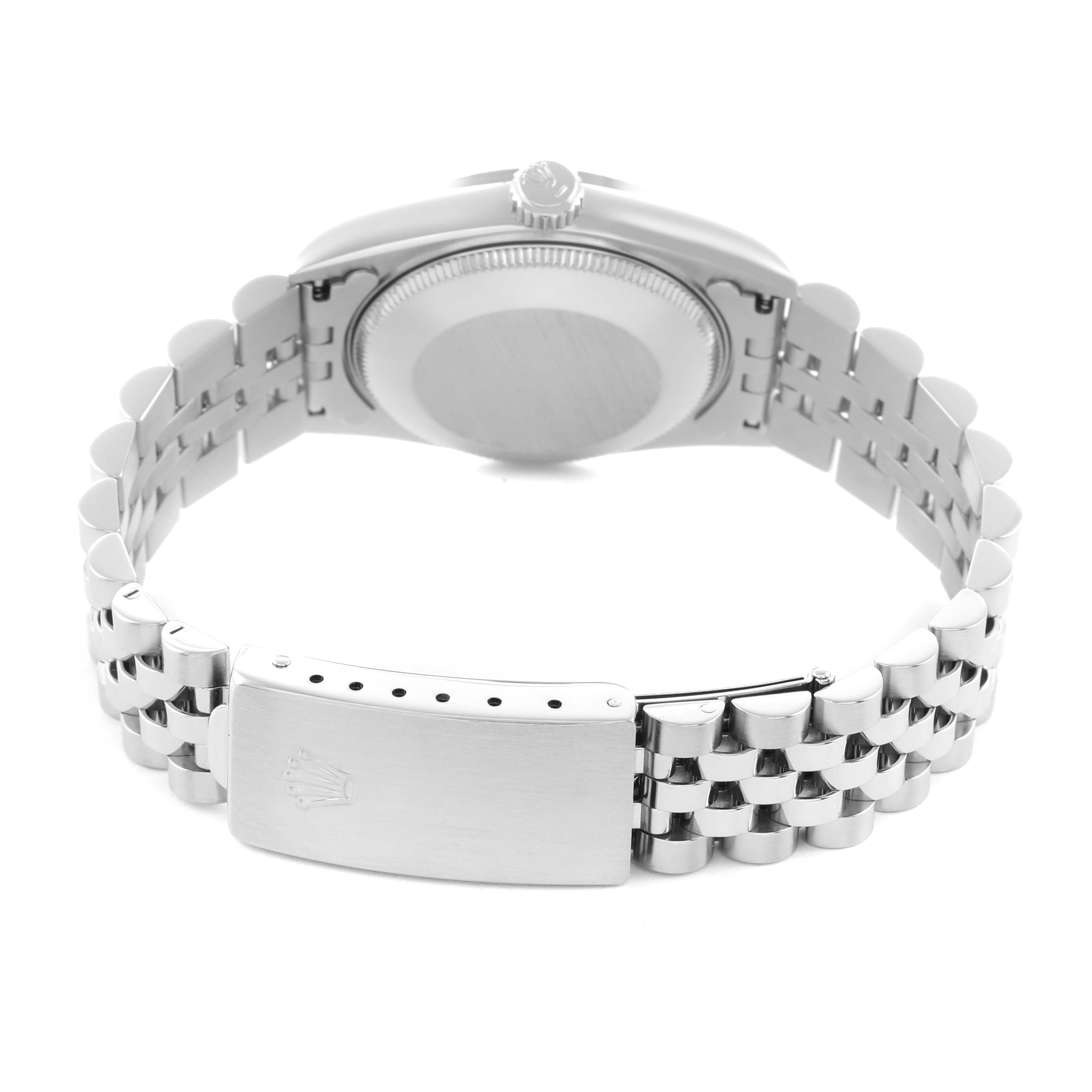 The image shows the back of a Rolex Mid-Size 68274 Women's Stainless Steel Blue Dial watch, highlighting the bracelet and clasp.