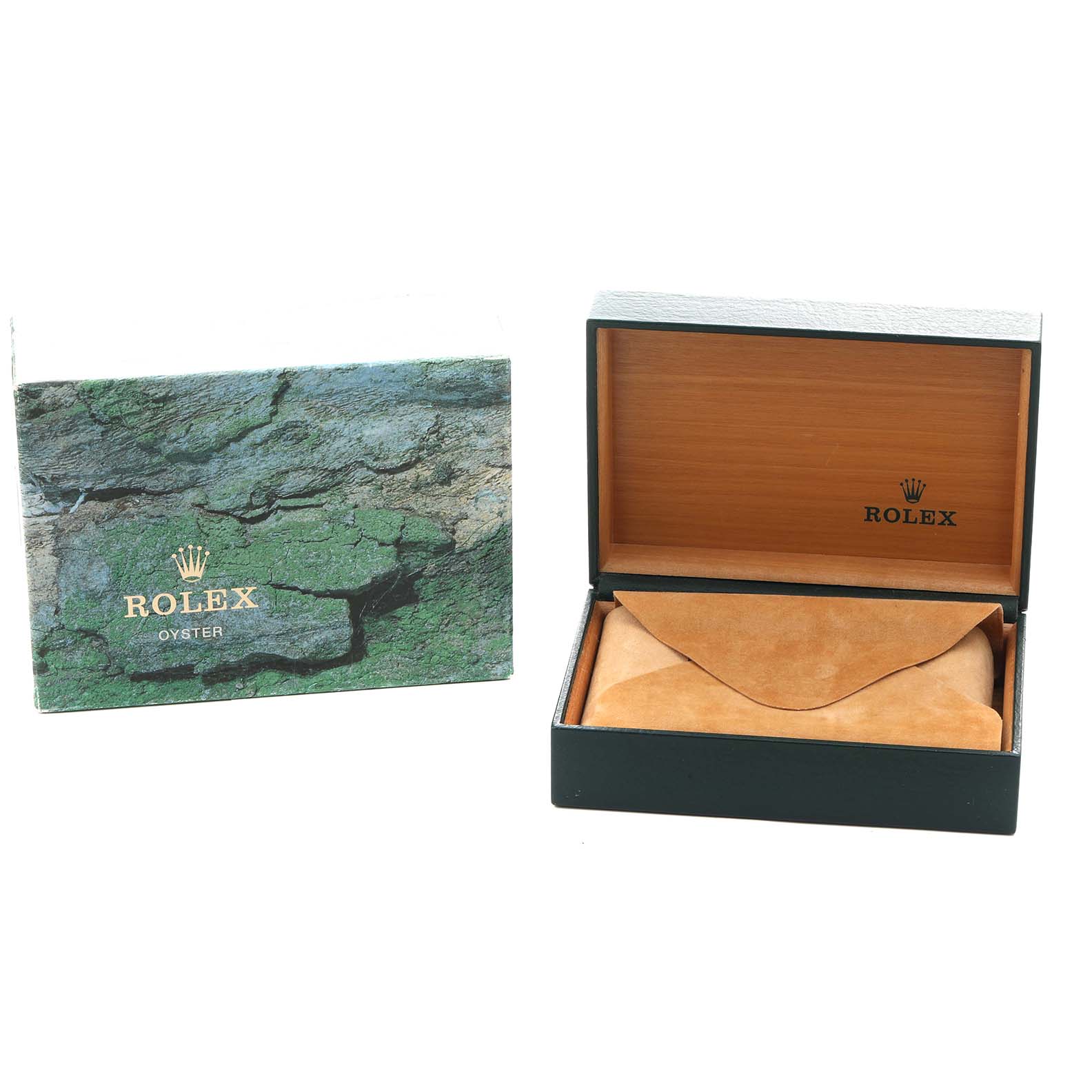 The image shows a Rolex watch box and outer packaging, with the lid open to reveal a suede pouch inside.
