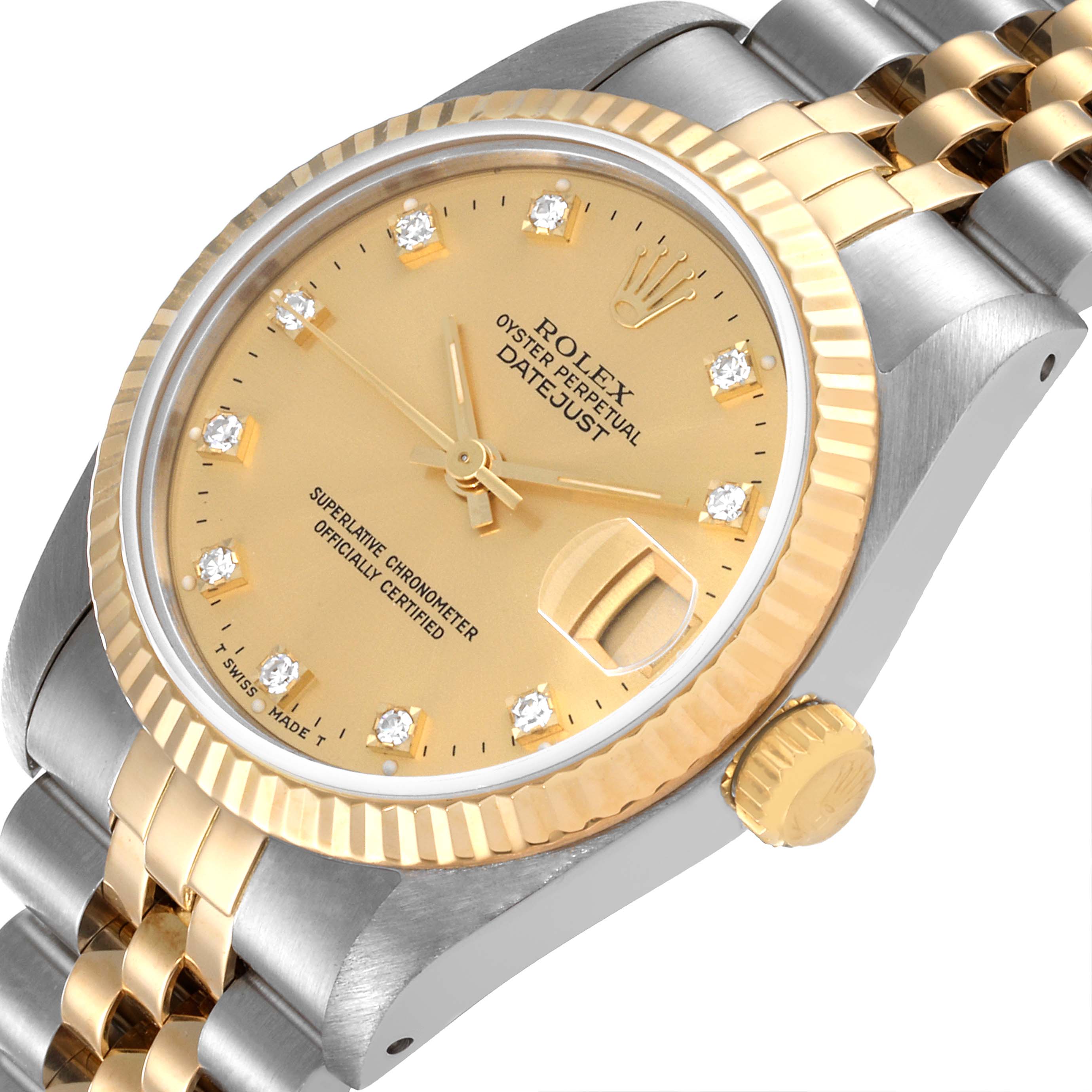 The image shows a Rolex Datejust 68273 Women
s Stainless Steel Champagne Dial 68273 Women
s Stainless Steel Champagne Dial watch at an angled view, highlighting the dial, bezel, and bracelet.