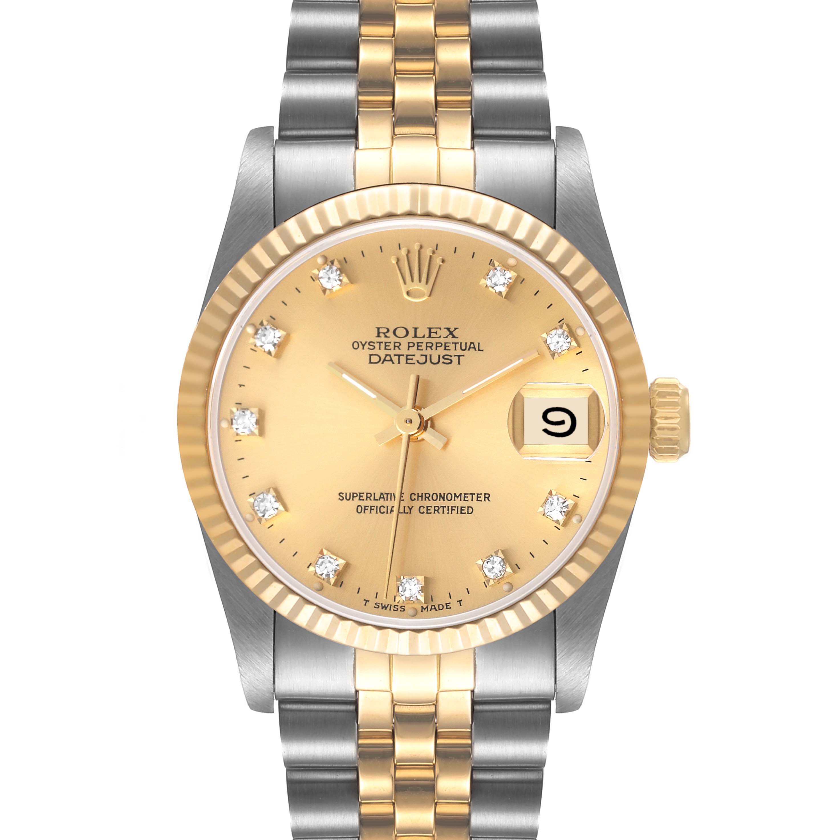 The image shows a Rolex Datejust 68273 Women
s Stainless Steel Champagne Dial 68273 Women
s Stainless Steel Champagne Dial watch from the front angle, highlighting its gold dial, fluted bezel, and two-tone bracelet.