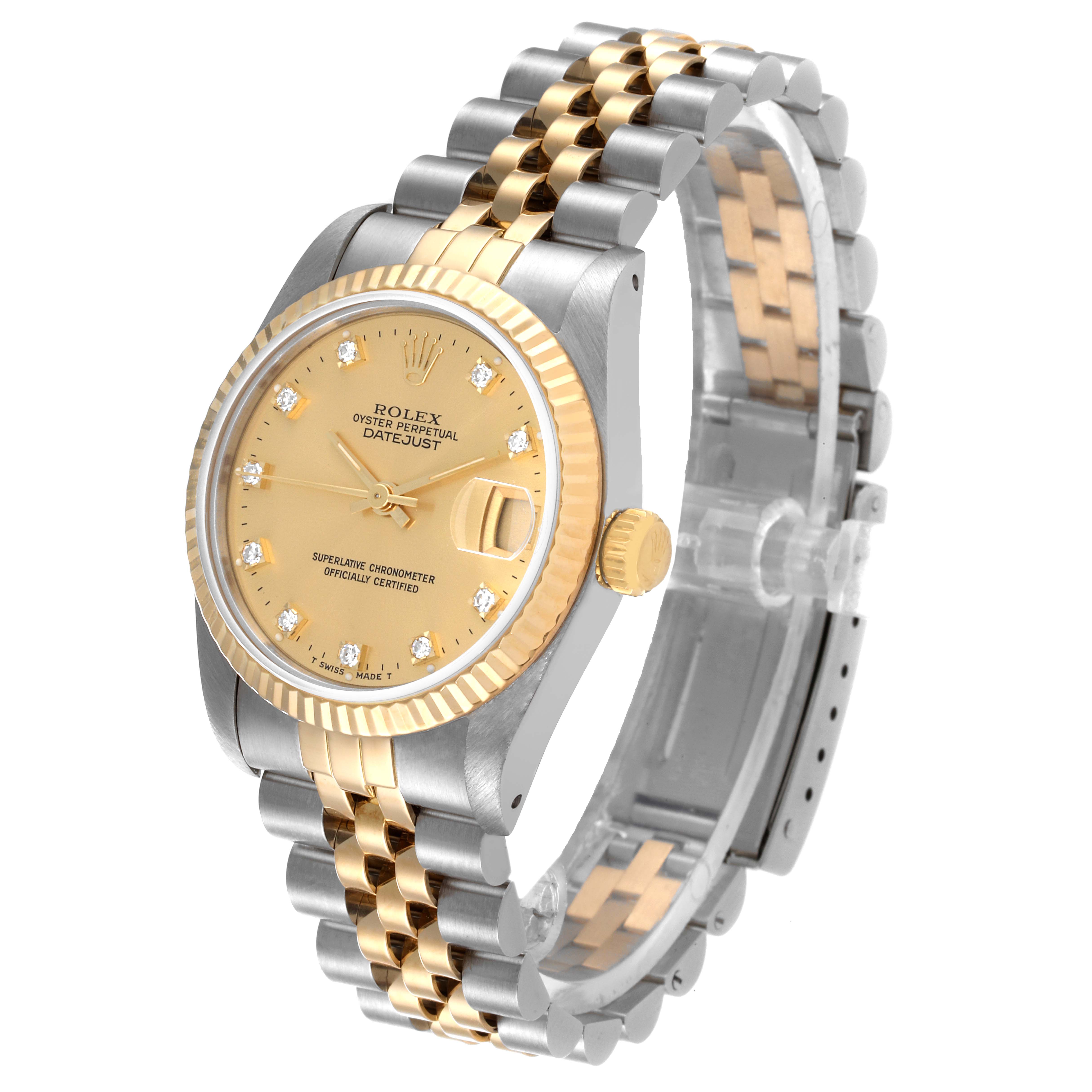 The Rolex Datejust 68273 Women
s Stainless Steel Champagne Dial 68273 Women
s Stainless Steel Champagne Dial watch is shown in an angled front view, highlighting its gold dial, bezel, and two-tone bracelet.