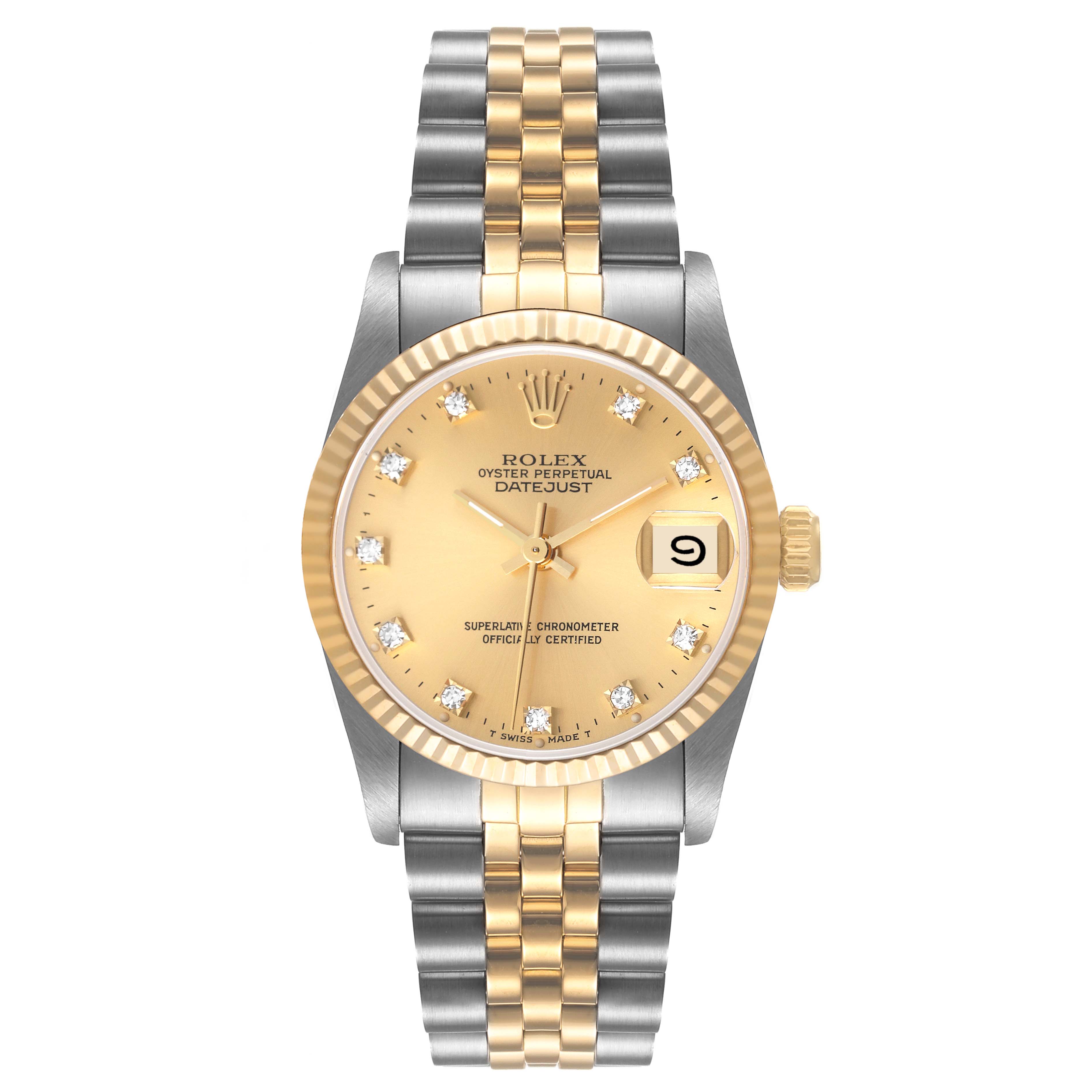 This image shows a front view of the Rolex Datejust 68273 Women
s Stainless Steel Champagne Dial 68273 Women
s Stainless Steel Champagne Dial watch, highlighting the dial, bezel, and bracelet.