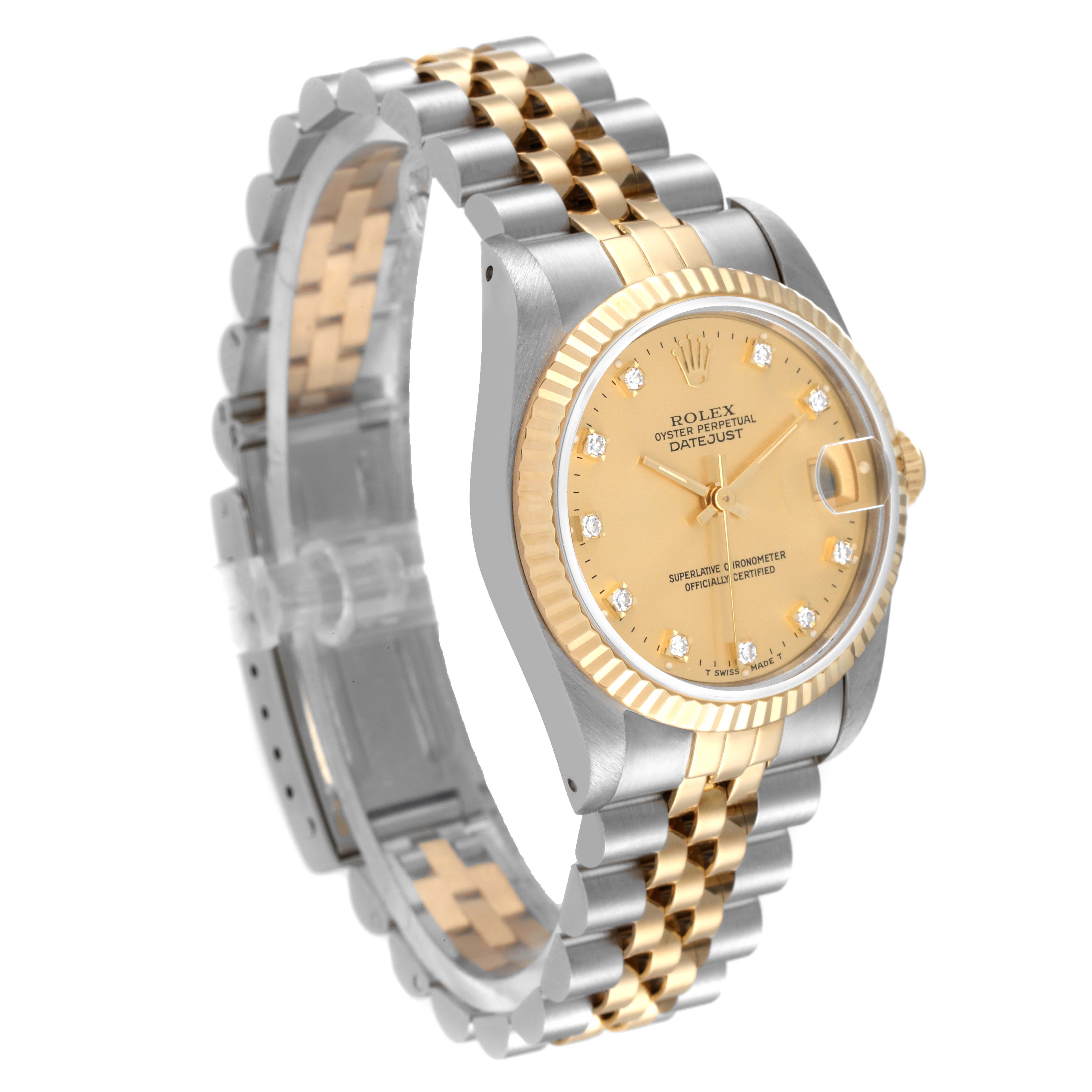 This image shows the Rolex Datejust 68273 Women
s Stainless Steel Champagne Dial 68273 Women
s Stainless Steel Champagne Dial watch at a three-quarter angle, highlighting the dial, bezel, and two-tone bracelet.