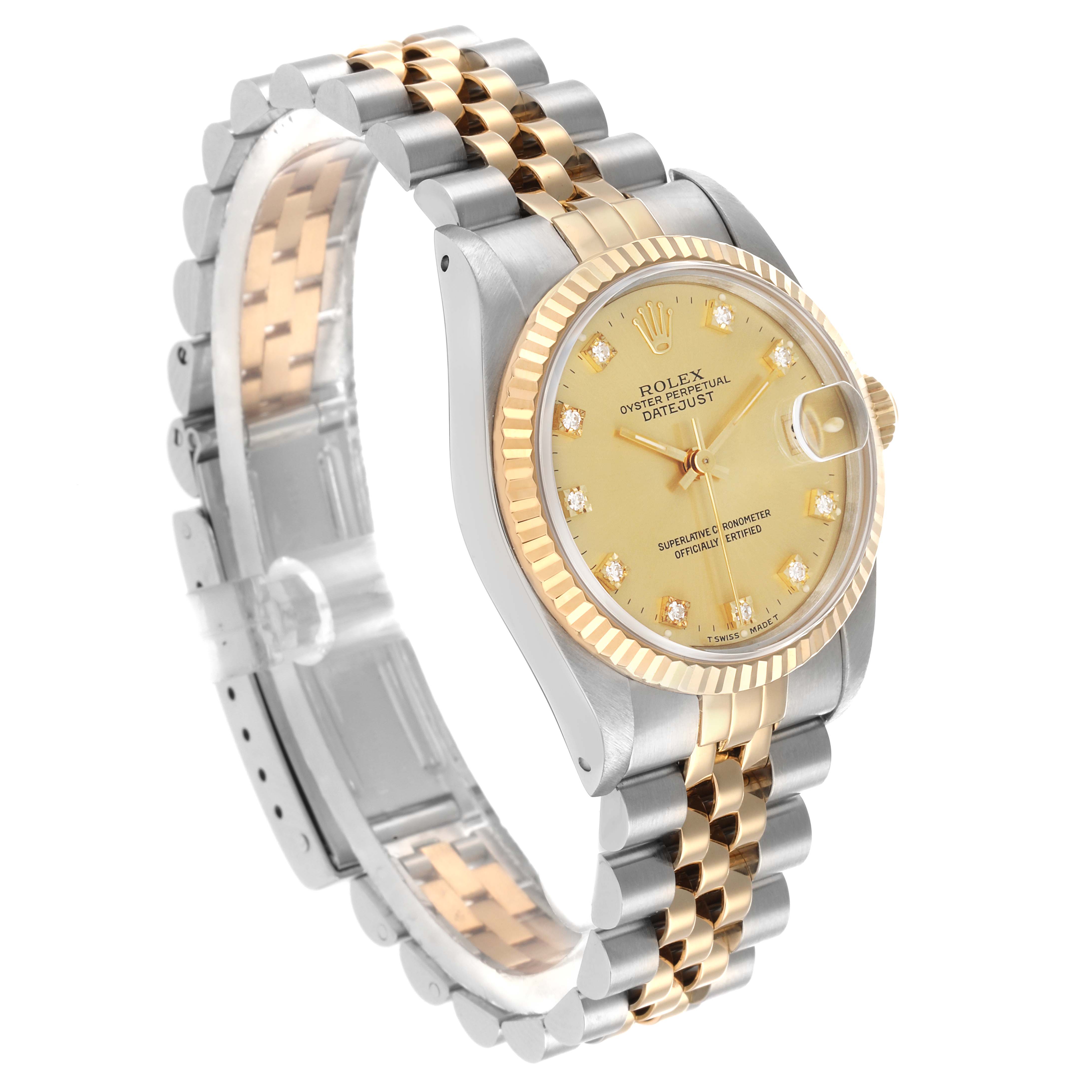The Rolex Datejust Mid-Size is shown at a three-quarter angle, displaying the gold dial, fluted bezel, and jubilee bracelet.