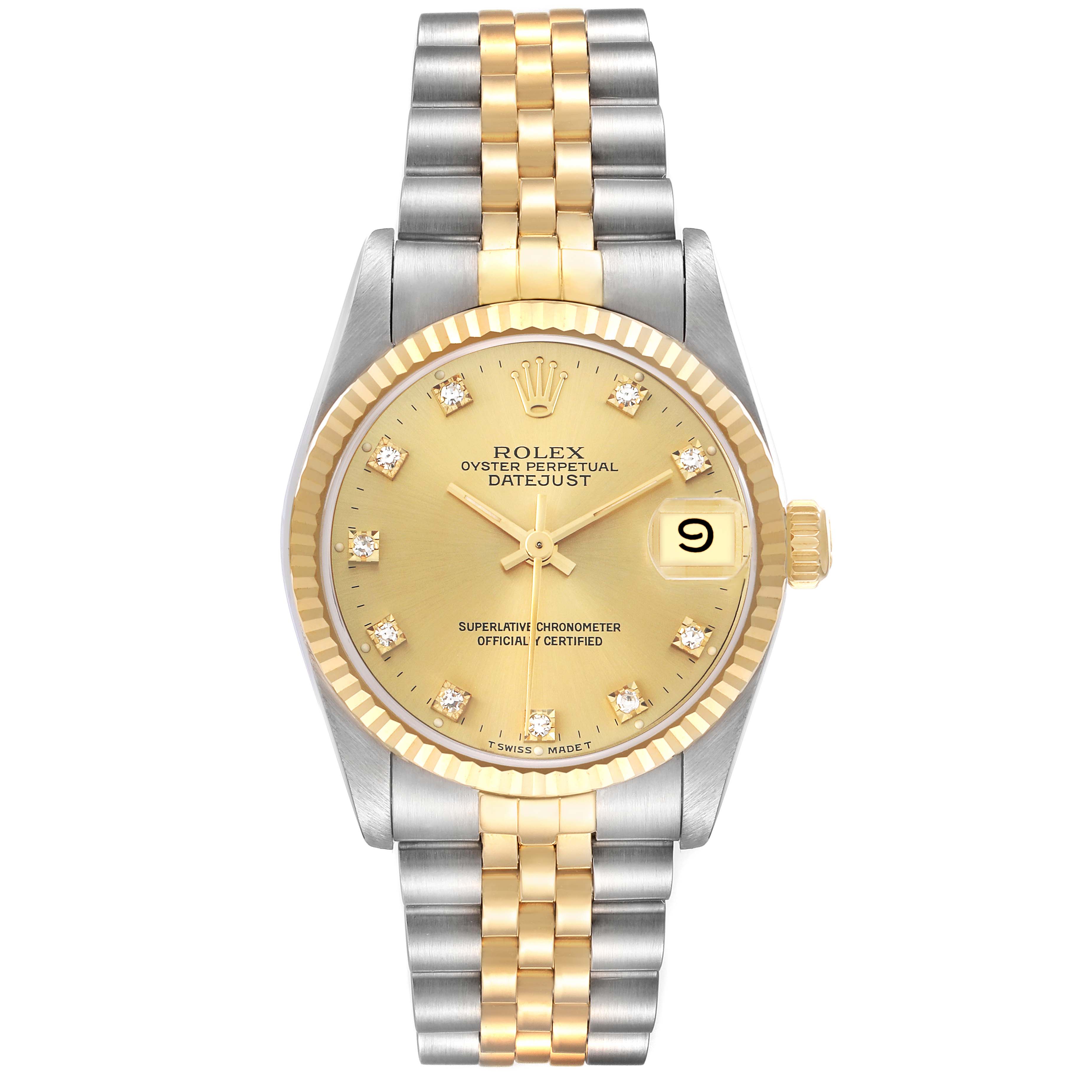 The Rolex Datejust Mid-Size watch is shown from a top view, displaying the dial, bezel, and Jubilee bracelet.