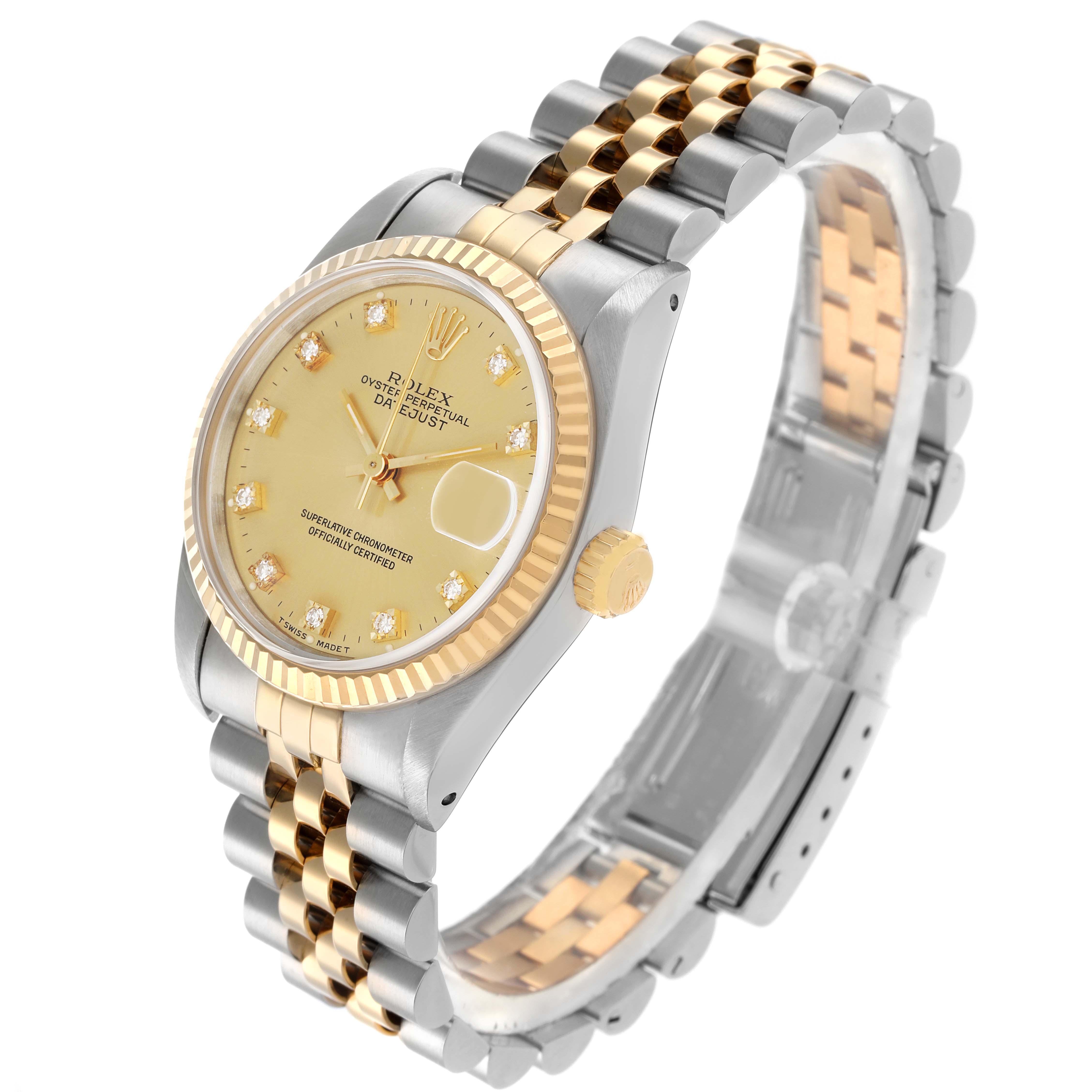 The Rolex Mid-Size 68273 Women
s Steel and Gold (two tone) Champagne Dial watch is shown at a 3/4 angle, displaying the gold and silver bracelet, bezel, and diamond-set dial.