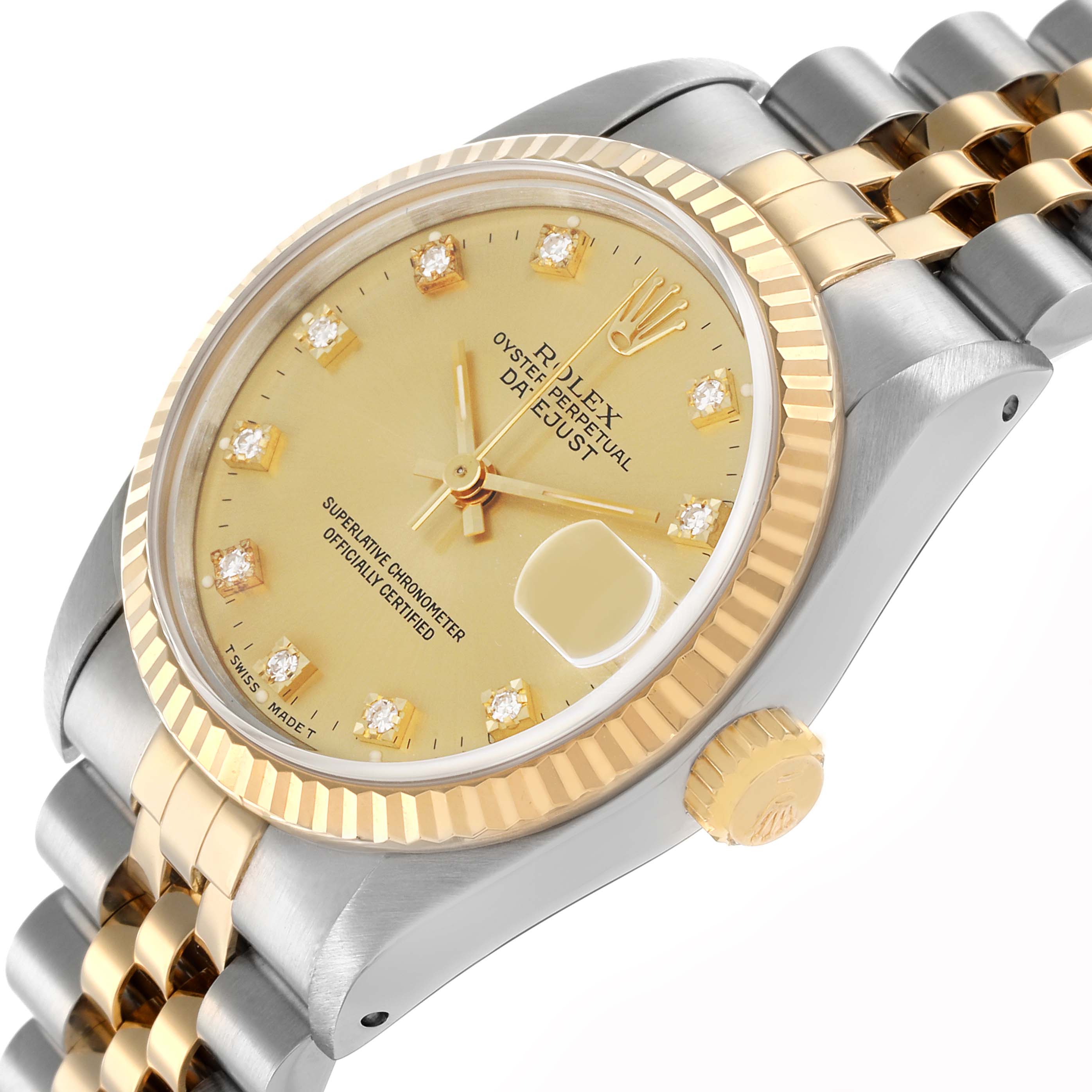 The Rolex watch is shown at an oblique angle, highlighting the gold fluted bezel, champagne dial with diamond markers, and two-tone bracelet.