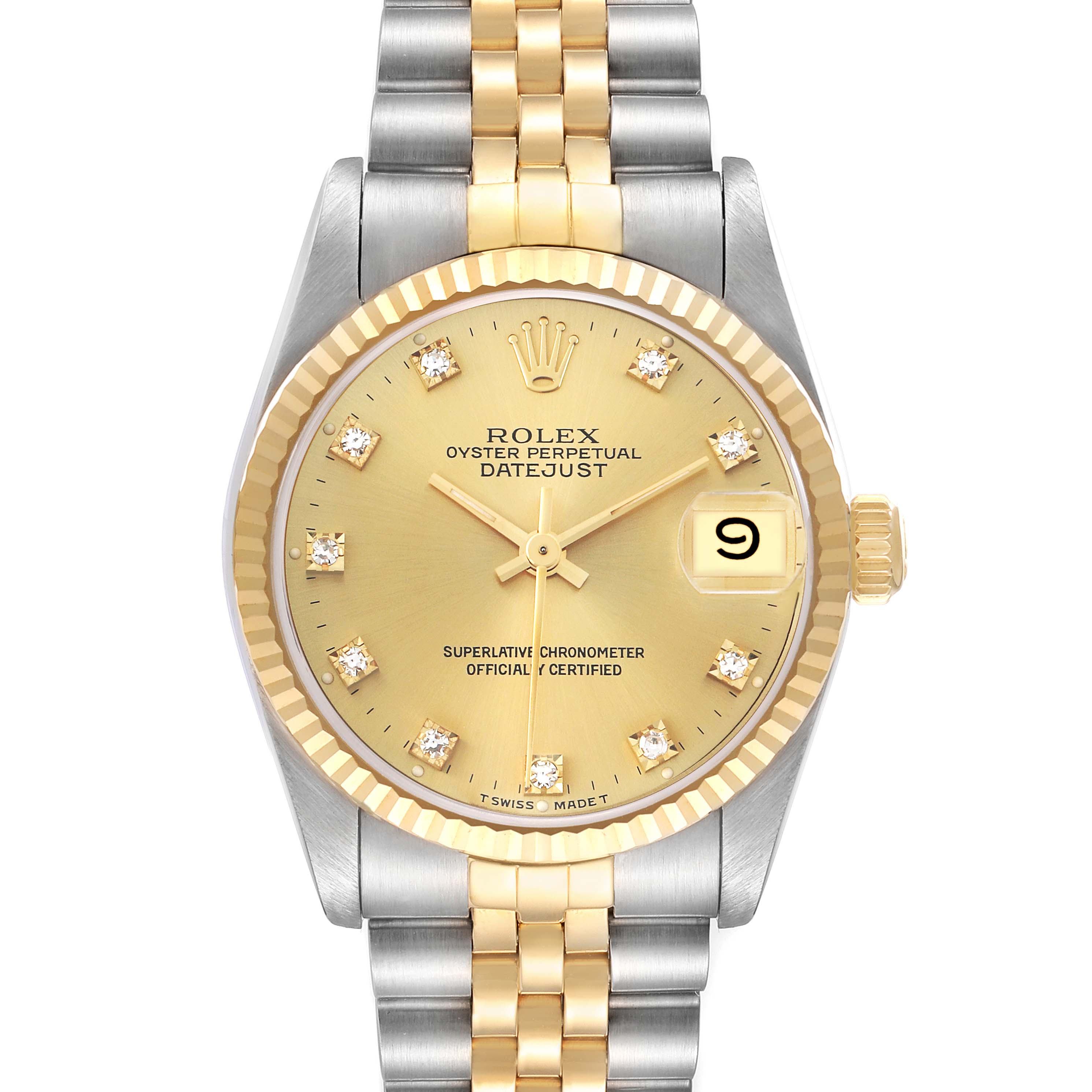 The Rolex Datejust Mid-Size watch is shown from the front, highlighting its gold dial, steel and gold bracelet, and fluted bezel.