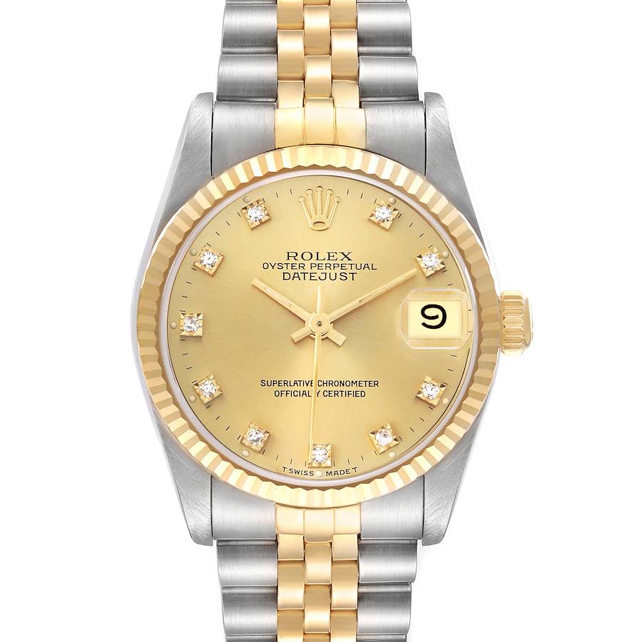 The Rolex Datejust Mid-Size watch is shown from the front, highlighting its gold dial, steel and gold bracelet, and fluted bezel.