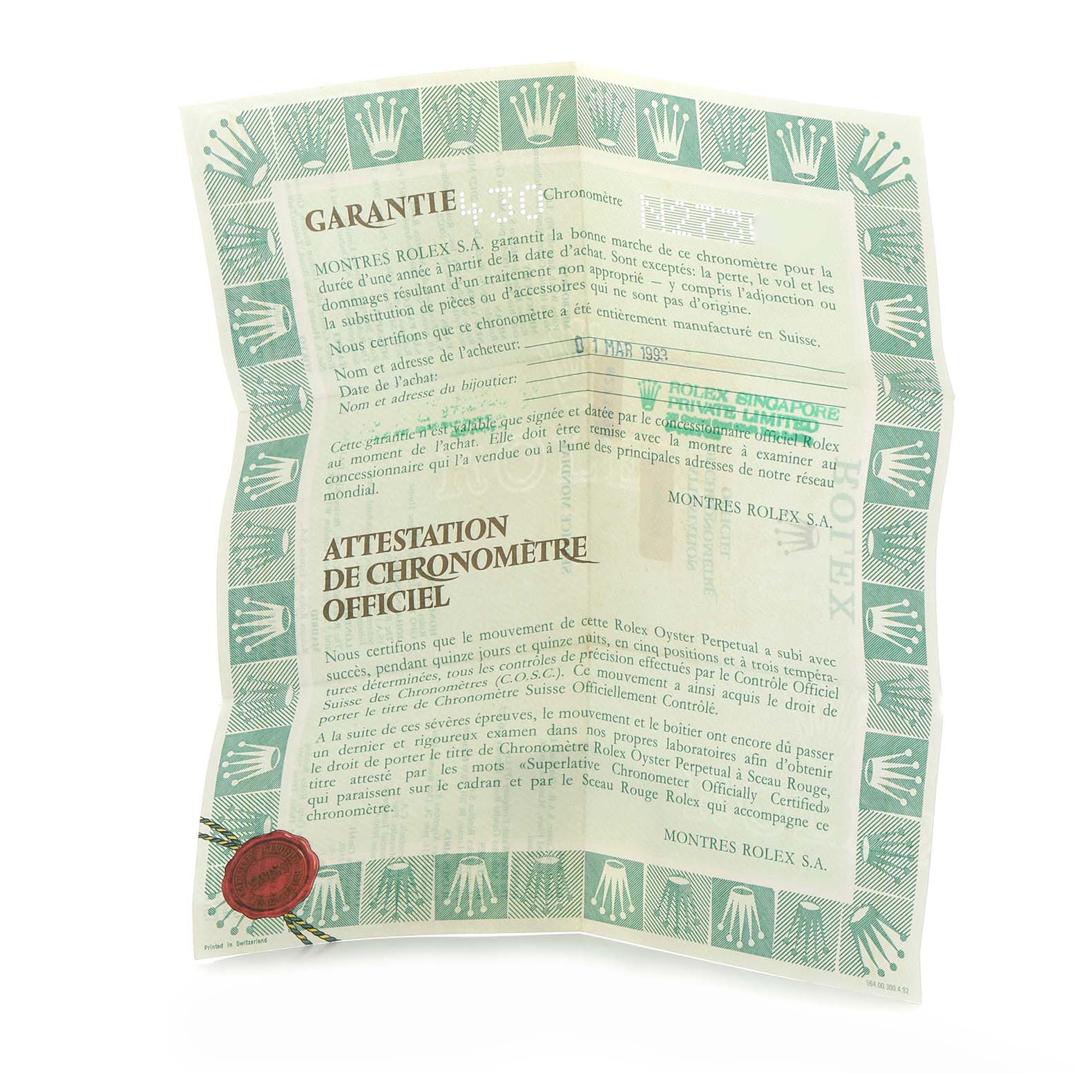 This image shows a Rolex warranty document with official chronometer certification details.