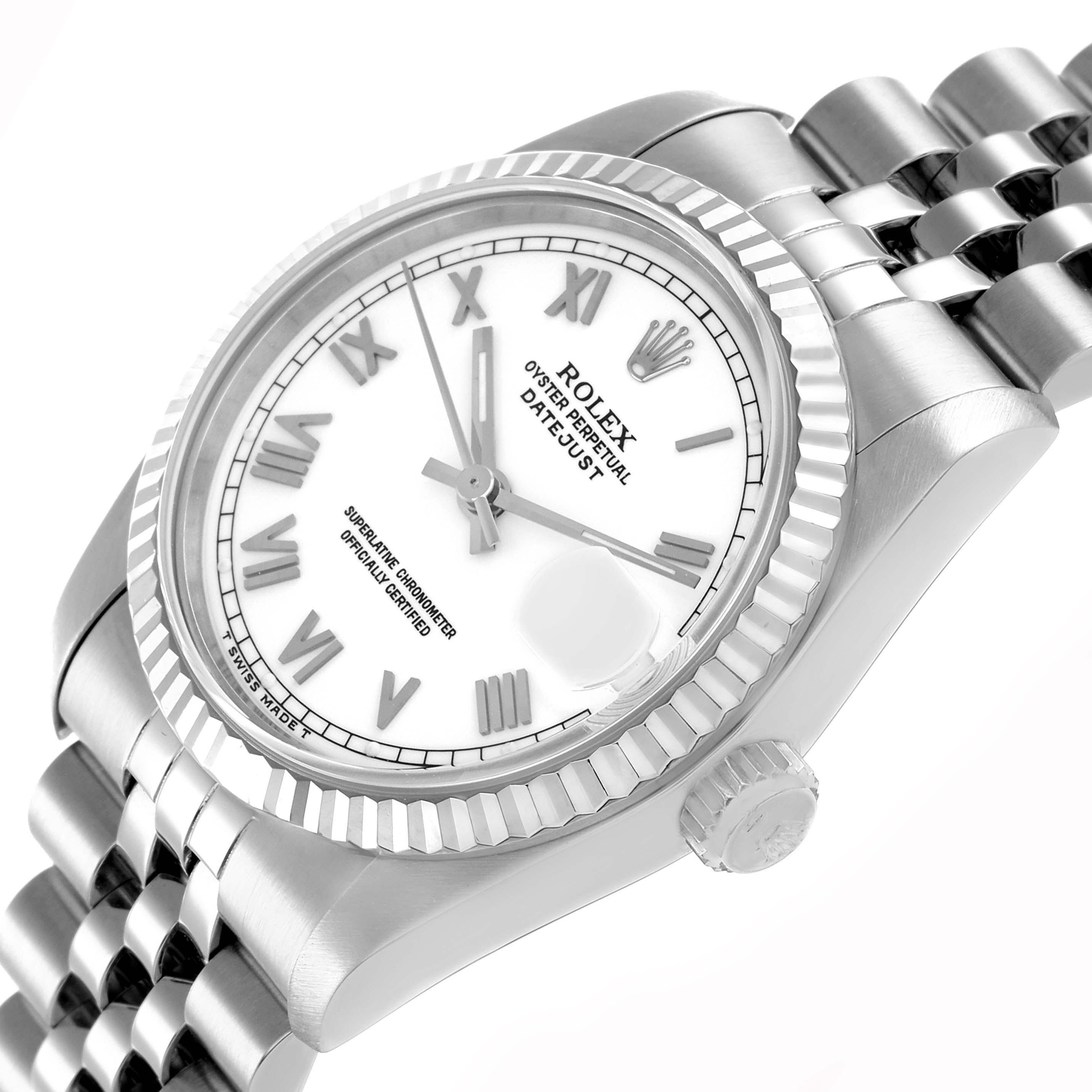 The Rolex Datejust Mid-Size is shown at an angled view, displaying the watch face, bezel, and bracelet.