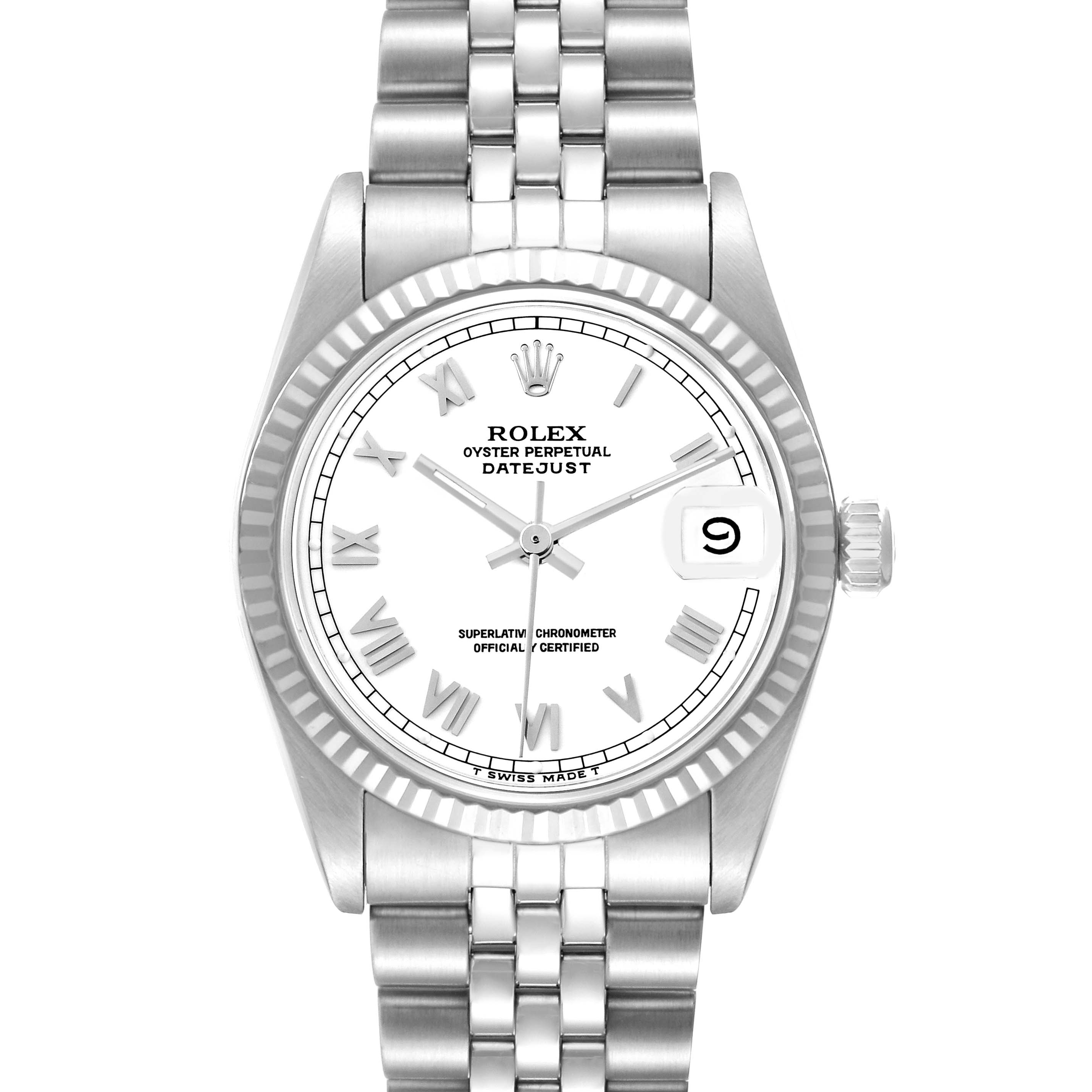 The Rolex Mid-Size 68274 Women's Stainless Steel White Dial watch is shown from the front, displaying the dial, fluted bezel, crown, and metal bracelet.