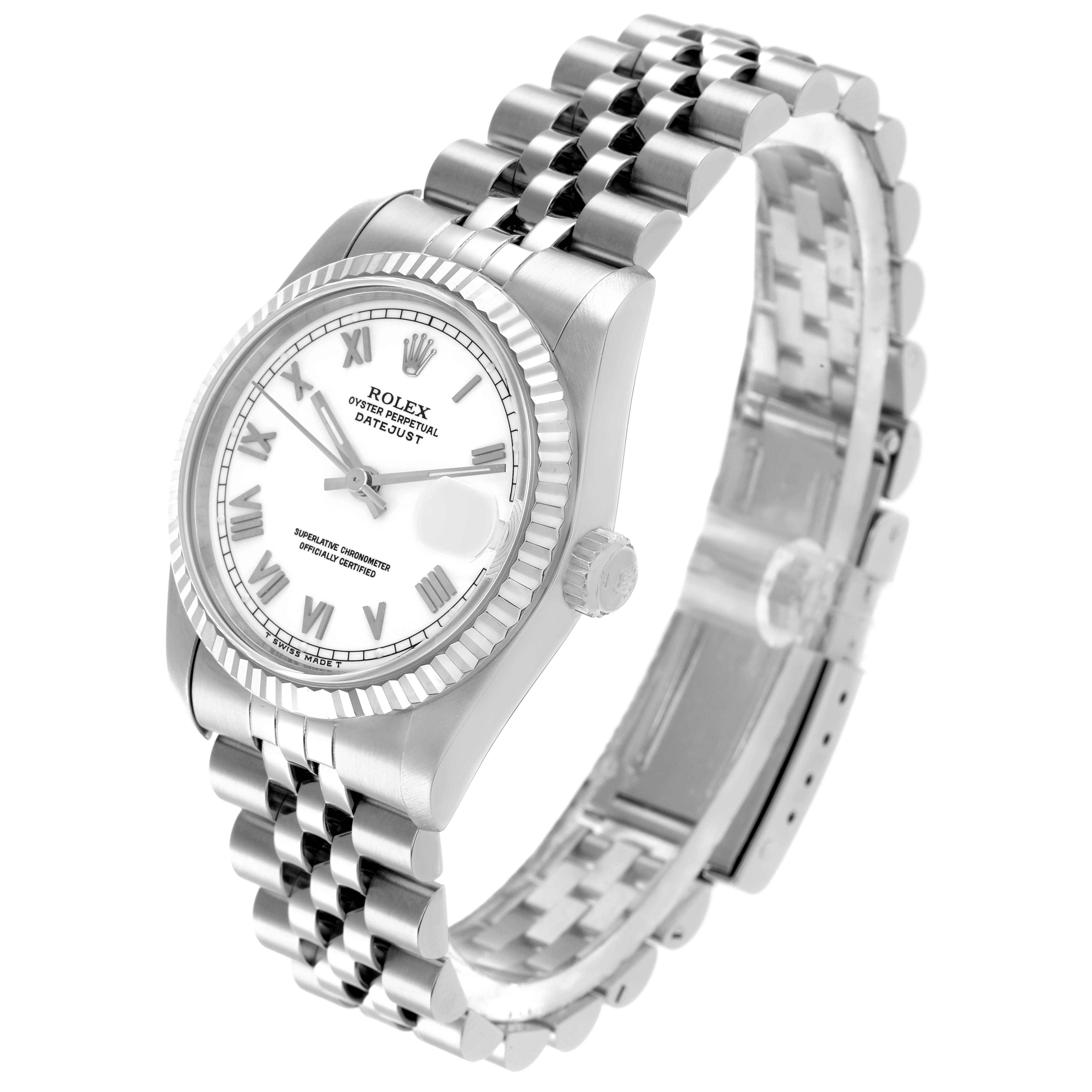 The Rolex Mid-Size 68274 Women's Stainless Steel White Dial watch is shown at a three-quarter angle, displaying the face, fluted bezel, crown, and bracelet.