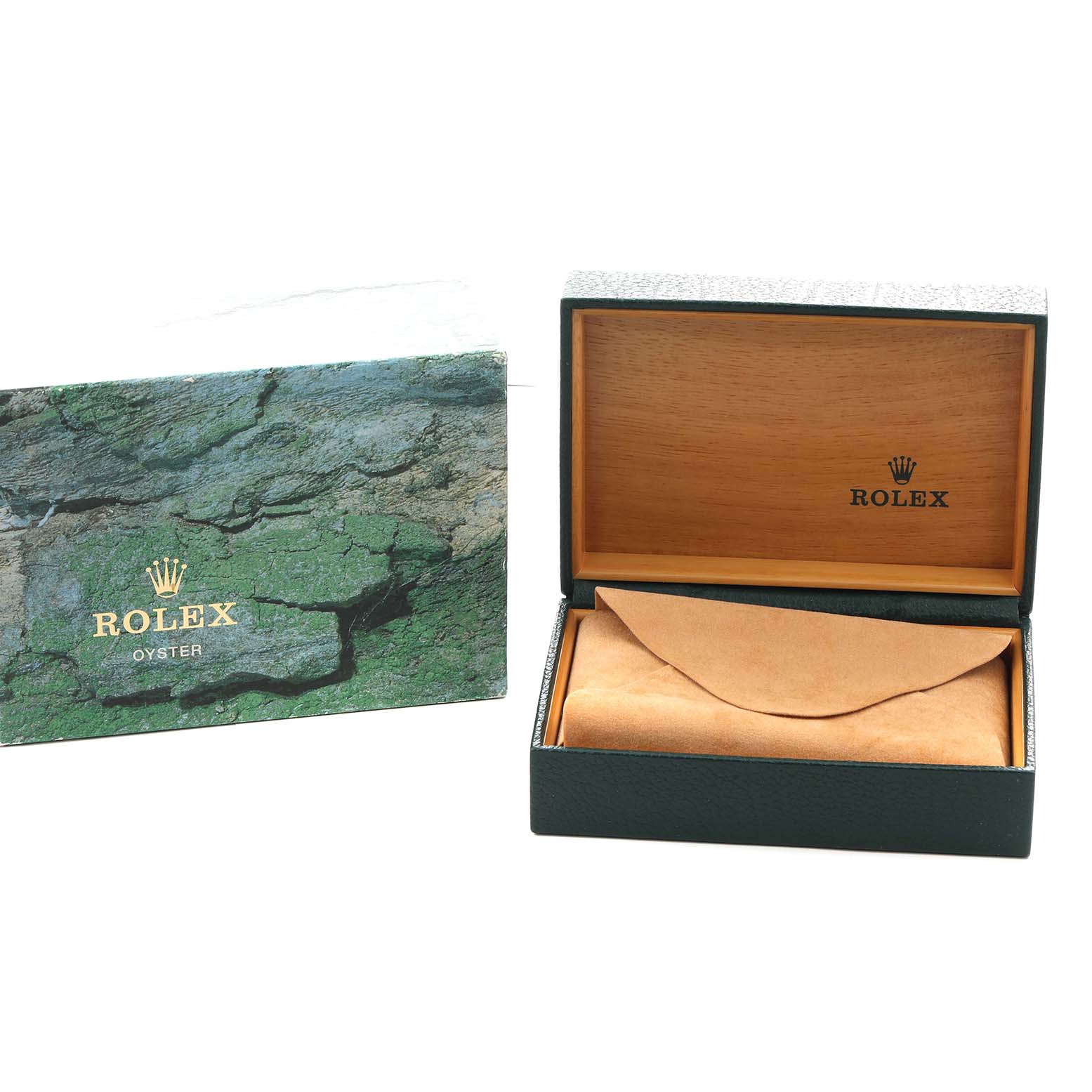 The image shows an open Rolex box for a Mid-Size model, featuring a pouch and branding on the interior and exterior.