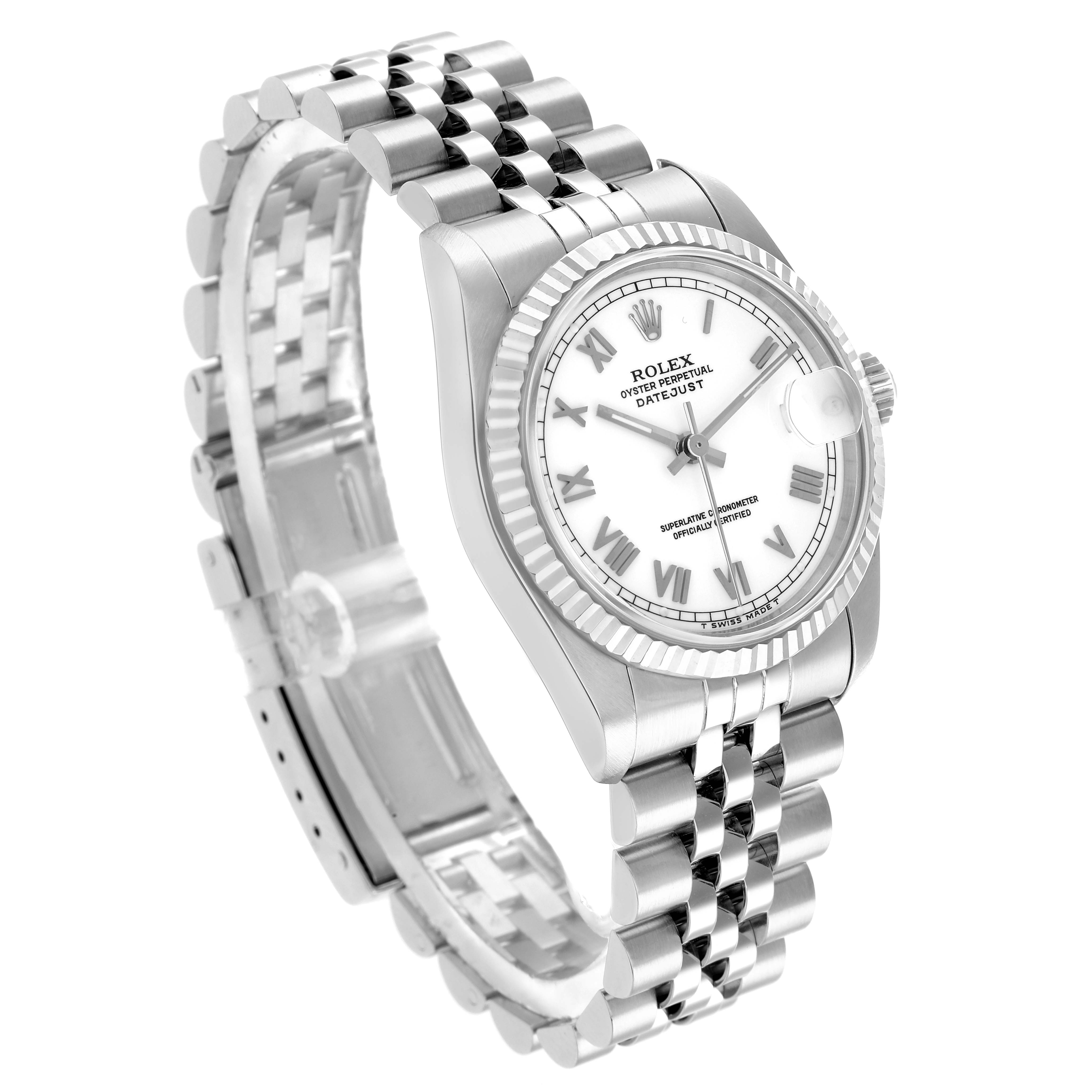 The Rolex Mid-Size 68274 Women's Stainless Steel White Dial model is shown in a three-quarter angle, displaying the face, bezel, and bracelet clearly.