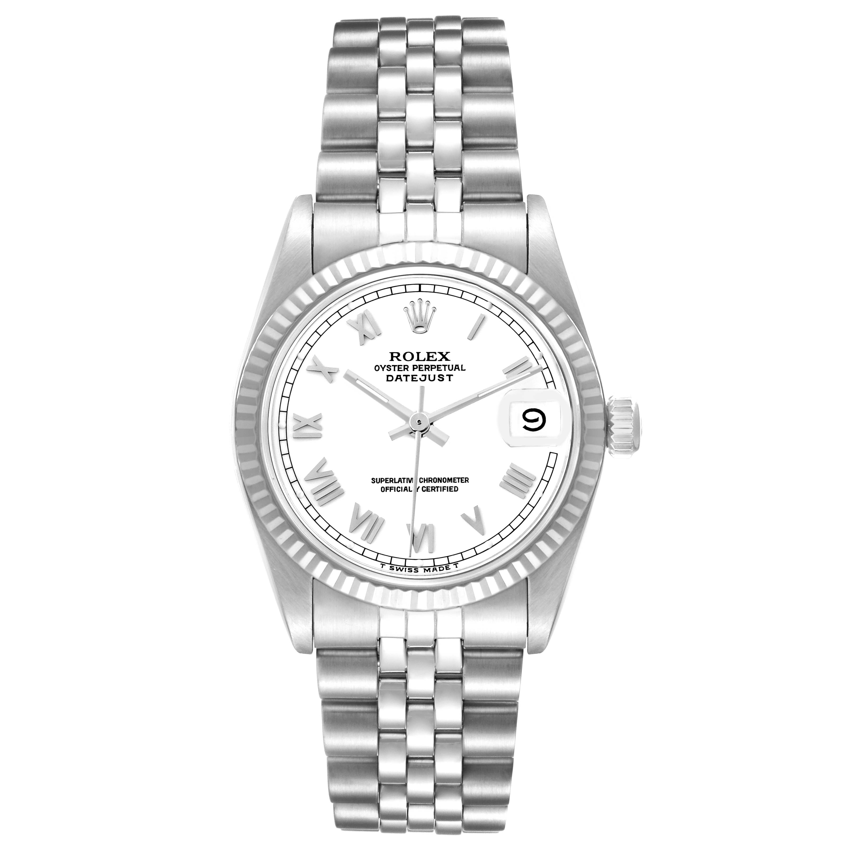 This image shows a Rolex Datejust Mid-Size watch from a front angle, highlighting its silver dial, Jubilee bracelet, and fluted bezel.