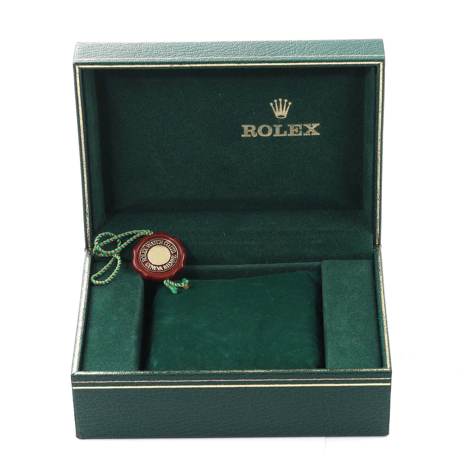 The image shows an open Rolex Datejust 16233 Men's Steel and Gold (two tone) Black Dial 16233 Men's Steel and Gold (two tone) Black Dial watch box with a green interior and a Rolex certification tag.