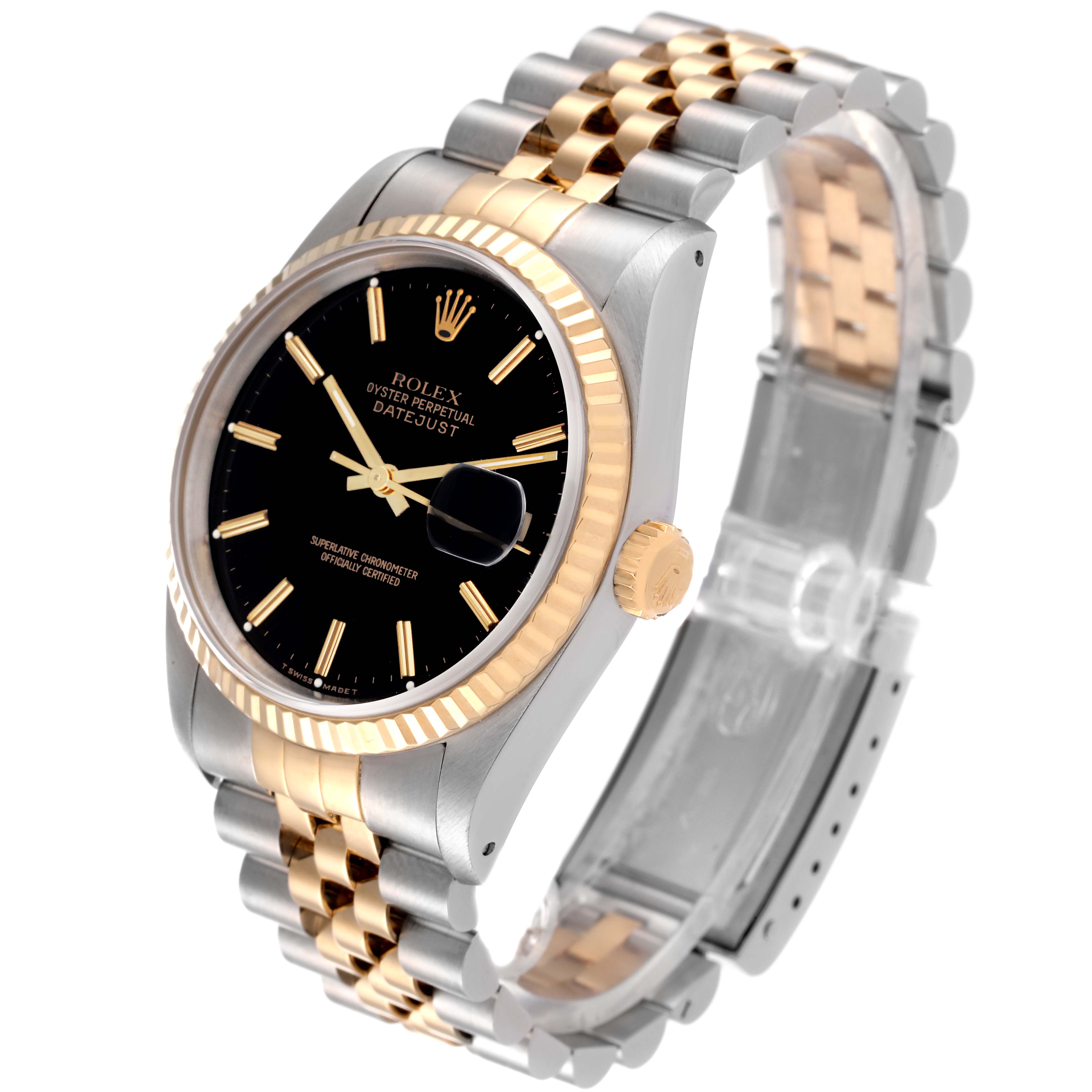 This image shows a Rolex Datejust 16233 Men's Steel and Gold (two tone) Black Dial 16233 Men's Steel and Gold (two tone) Black Dial watch at a three-quarter angle, displaying the bracelet, dial, crown, and bezel.