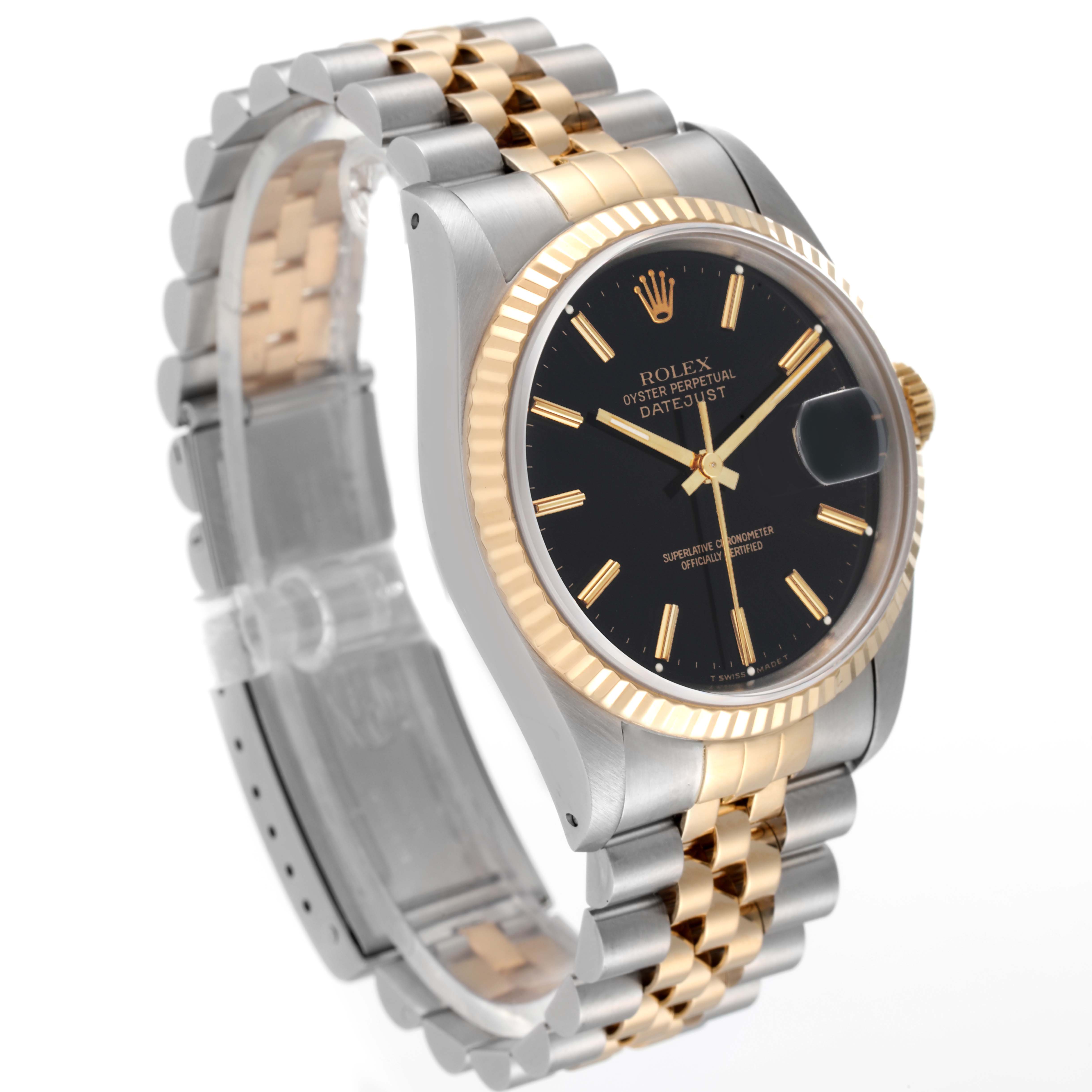 The Rolex Datejust 16233 Men's Steel and Gold (two tone) Black Dial 16233 Men's Steel and Gold (two tone) Black Dial watch is shown at a front-side angle, highlighting the face, bezel, crown, and two-tone bracelet.