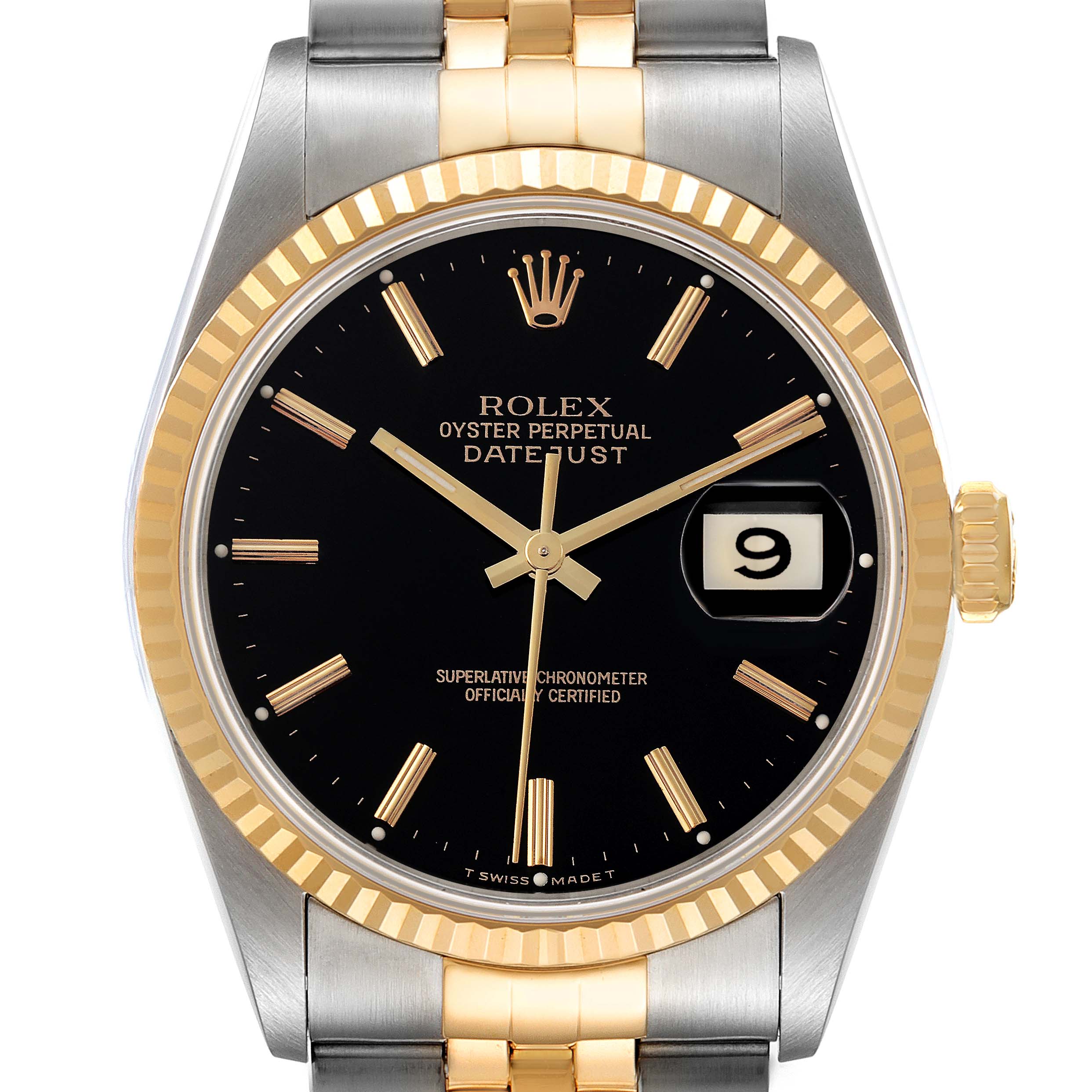 The image shows a front view of a Rolex Datejust 16233 Men's Steel and Gold (two tone) Black Dial 16233 Men's Steel and Gold (two tone) Black Dial watch, highlighting the black dial, gold markers, date window, and two-tone bracelet.