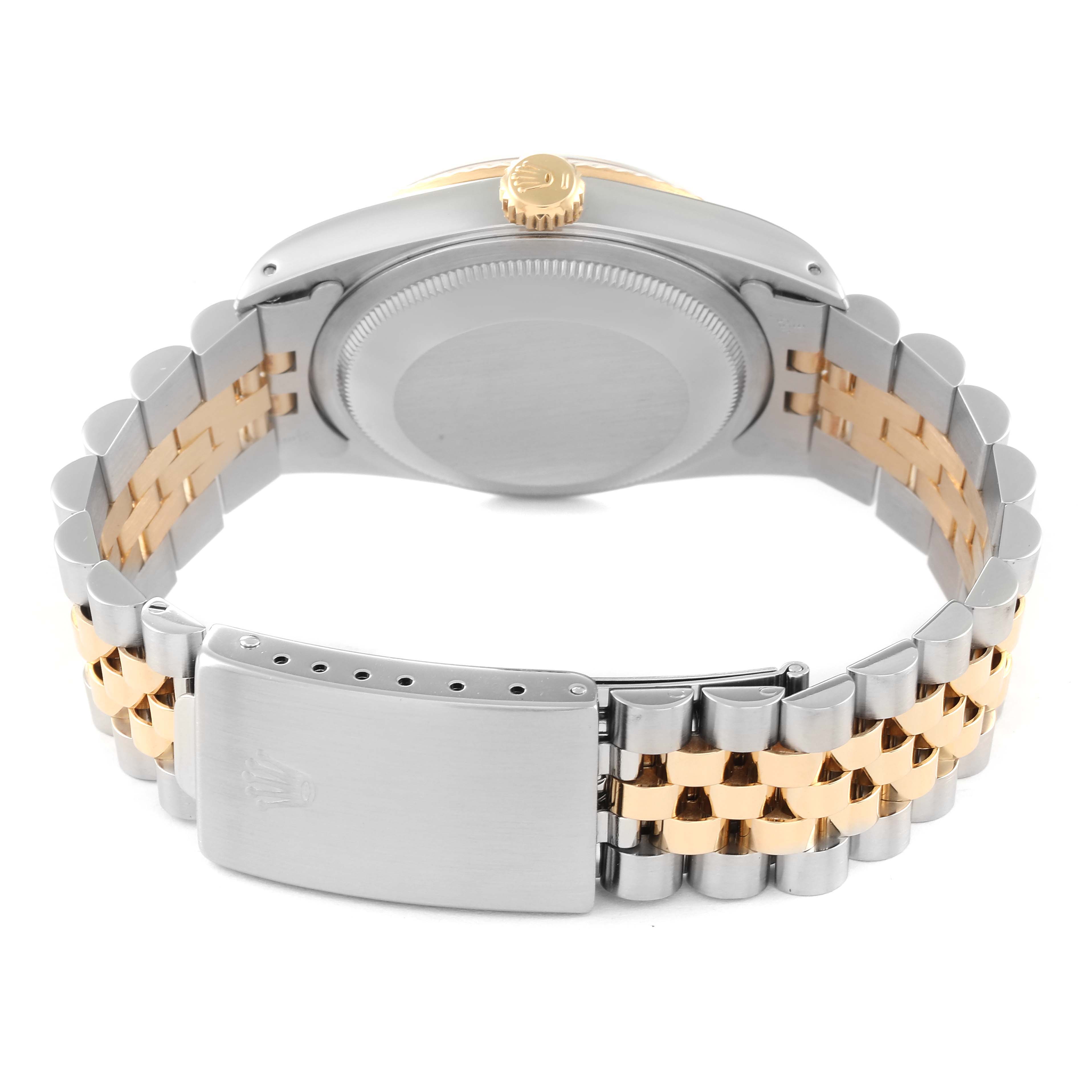 This image shows the back view of a Rolex Datejust 16233 Men's Steel and Gold (two tone) Black Dial 16233 Men's Steel and Gold (two tone) Black Dial watch, highlighting the case back, crown, and two-tone jubilee bracelet.