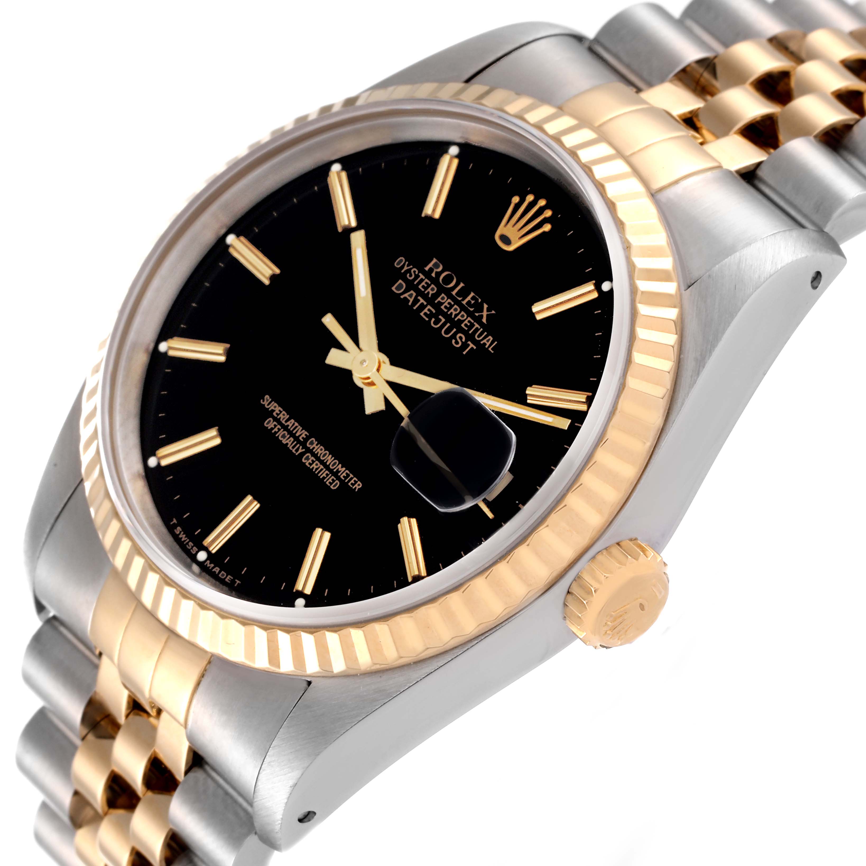 This image shows a close-up angled view of a Rolex Datejust 16233 Men's Steel and Gold (two tone) Black Dial 16233 Men's Steel and Gold (two tone) Black Dial, highlighting the black dial, gold fluted bezel, and two-tone bracelet.
