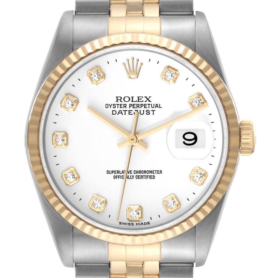 This image shows a front view of the Rolex Datejust watch, displaying the dial, bezel, and part of the bracelet.