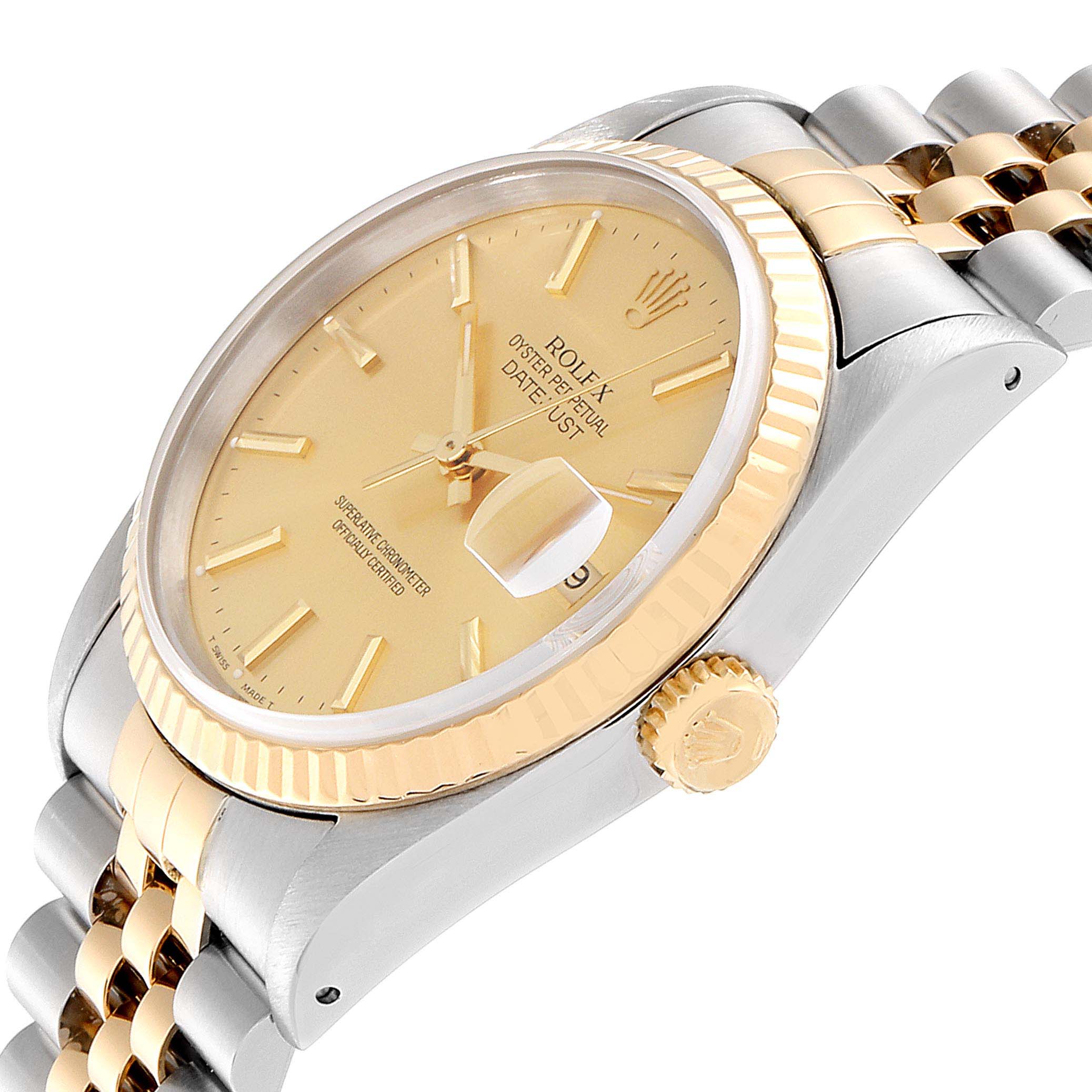 The image shows a side and angled view of the Rolex Datejust 16233 Men's Steel and Gold (two tone) Champagne Dial 16233 Men's Steel and Gold (two tone) Champagne Dial watch, displaying its dial, fluted bezel, crown, and part of the band.
